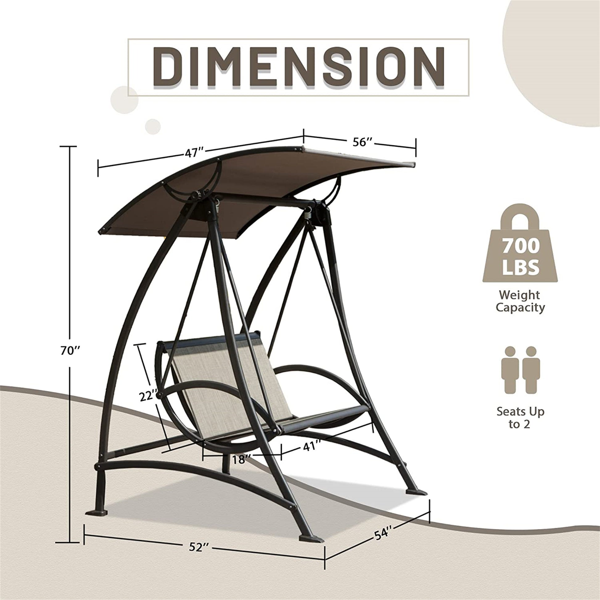 2 Seat Patio Swing Chair, Outdoor Porch Swing With Adjustable Canopy And Durable Steel Frame, Patio Swing Glider For Garden, Deck, Porch, Backyard Dark Brown Steel