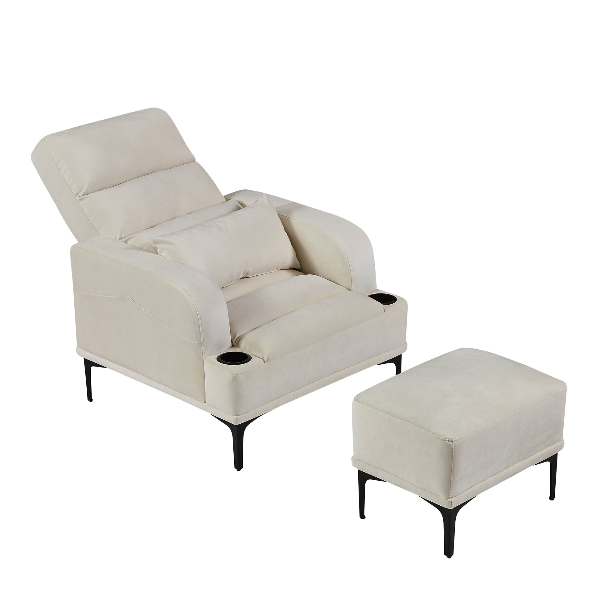 Accent Chairs With Ottoman, Velvet Fabric Armchair With Ottoman For Bedroom Living Room, Modern Chair With Cup Holder, Adjustable Backrest And Side Pockets. Ivory Foam Velvet