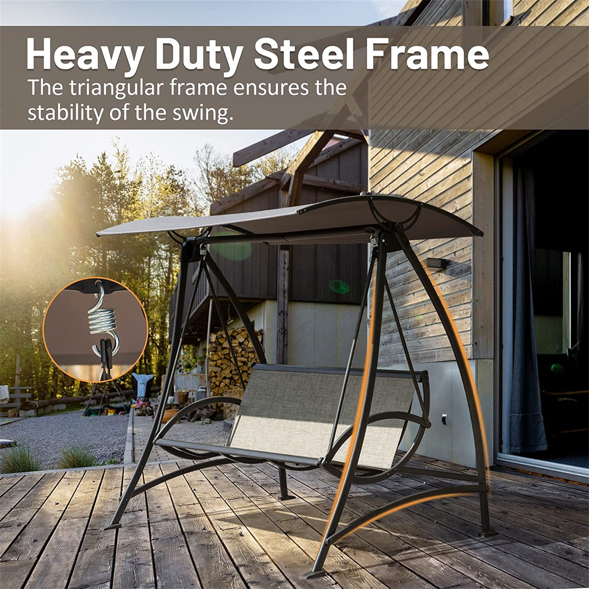 3 Seat Patio Swing Chair, Outdoor Porch Swing With Adjustable Canopy And Durable Steel Frame, Patio Swing Glider For Garden, Deck, Porch, Backyard Dark Brown Steel