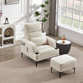 Accent Chairs With Ottoman, Velvet Fabric Armchair With Ottoman For Bedroom Living Room, Modern Chair With Cup Holder, Adjustable Backrest And Side Pockets. Ivory Foam Velvet