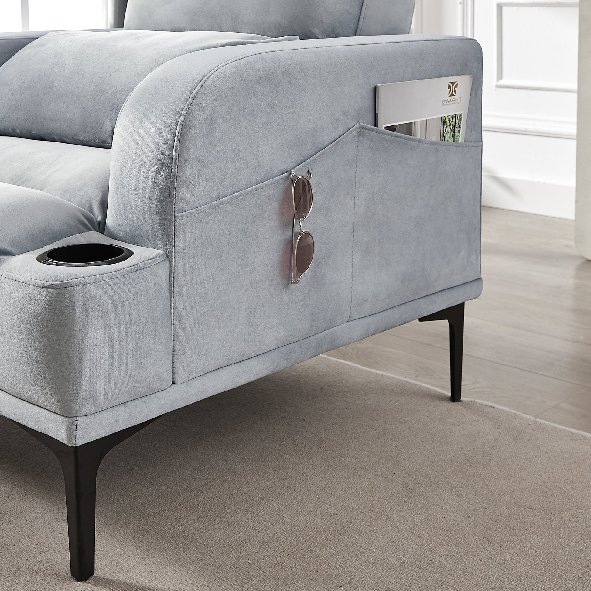 Accent Chairs With Ottoman, Velvet Fabric Armchair With Ottoman For Bedroom Living Room, Modern Chair With Cup Holder, Adjustable Backrest And Side Pockets. Gray Foam Velvet