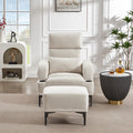 Accent Chairs With Ottoman, Velvet Fabric Armchair With Ottoman For Bedroom Living Room, Modern Chair With Cup Holder, Adjustable Backrest And Side Pockets. Ivory Foam Velvet