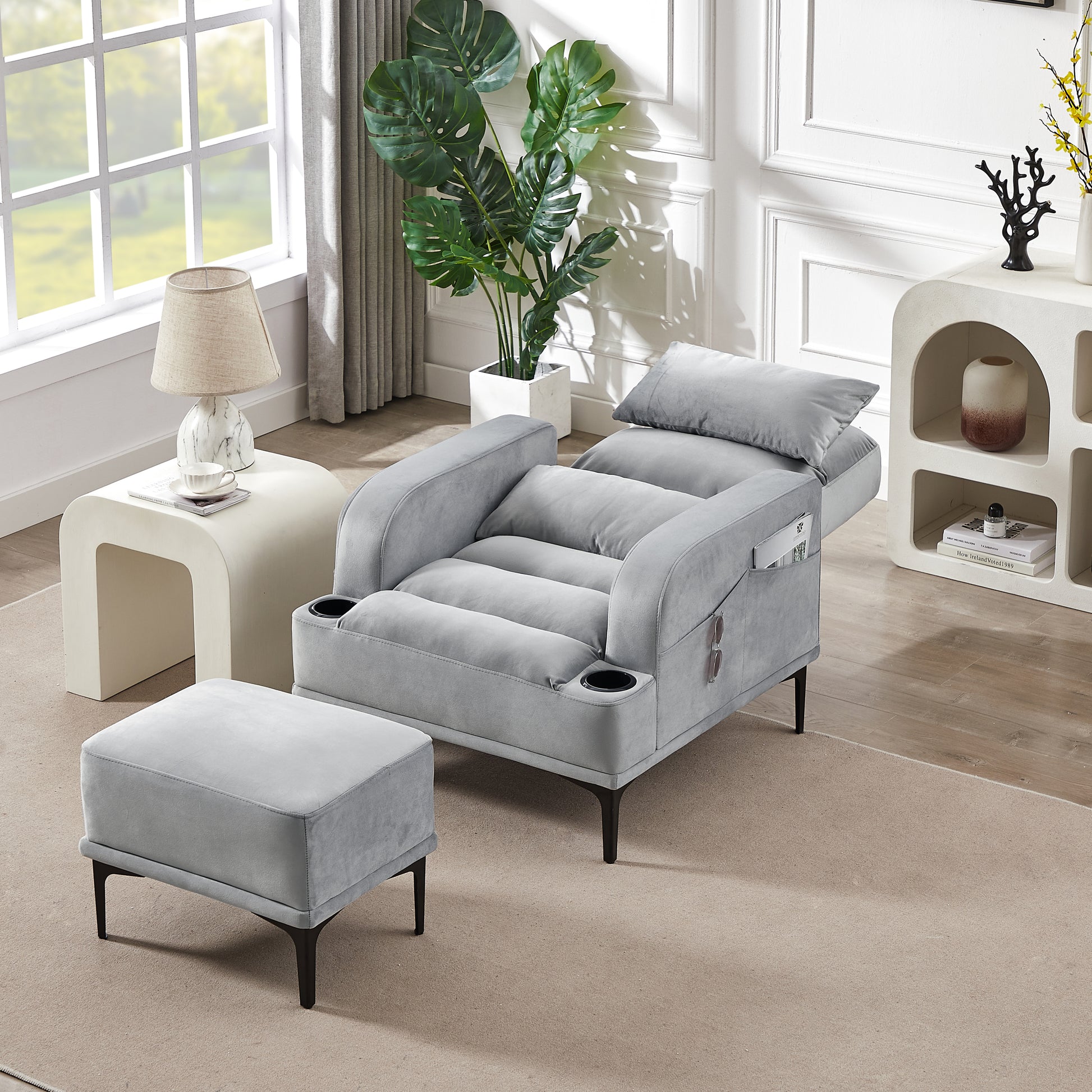 Accent Chairs With Ottoman, Velvet Fabric Armchair With Ottoman For Bedroom Living Room, Modern Chair With Cup Holder, Adjustable Backrest And Side Pockets. Gray Foam Velvet