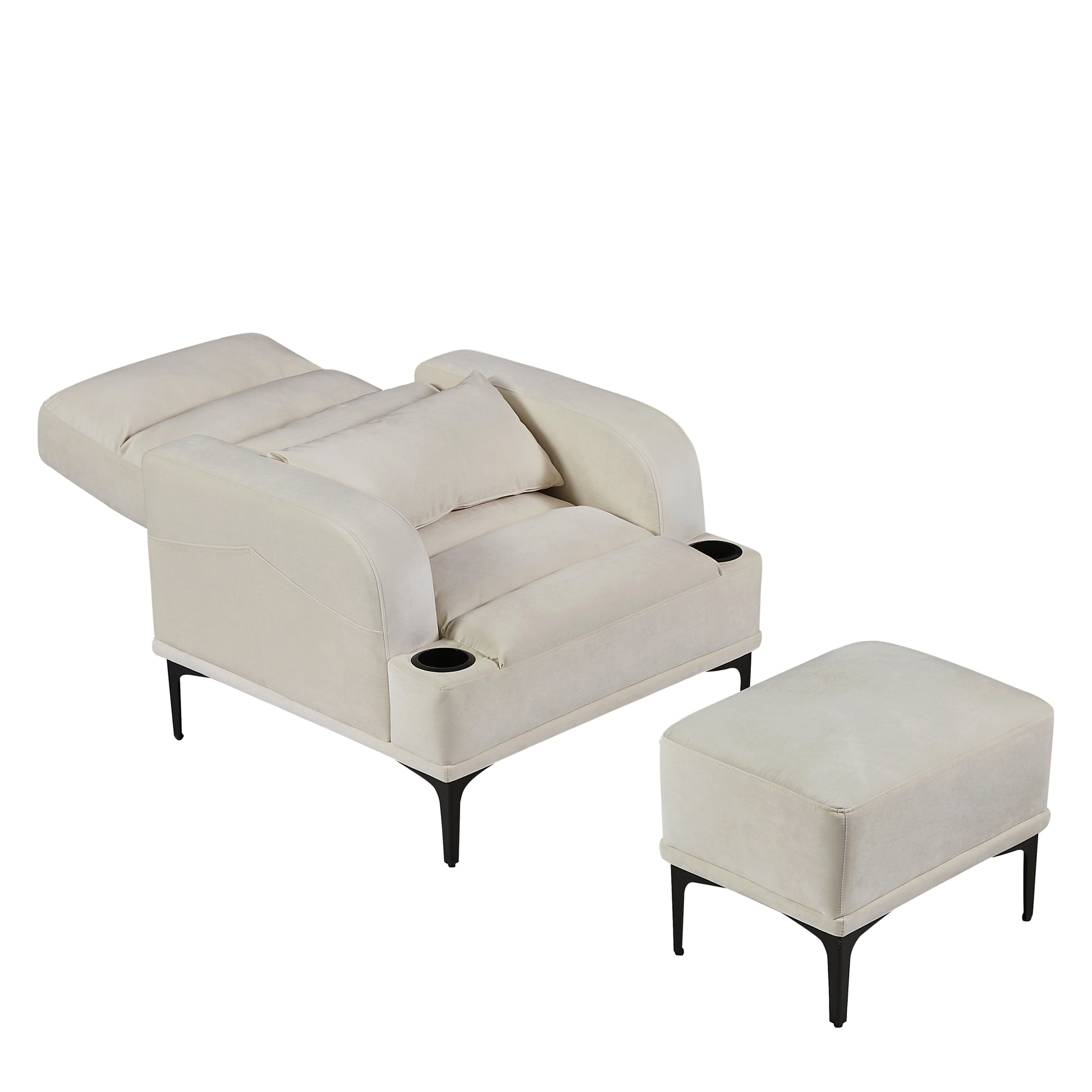 Accent Chairs With Ottoman, Velvet Fabric Armchair With Ottoman For Bedroom Living Room, Modern Chair With Cup Holder, Adjustable Backrest And Side Pockets. Ivory Foam Velvet