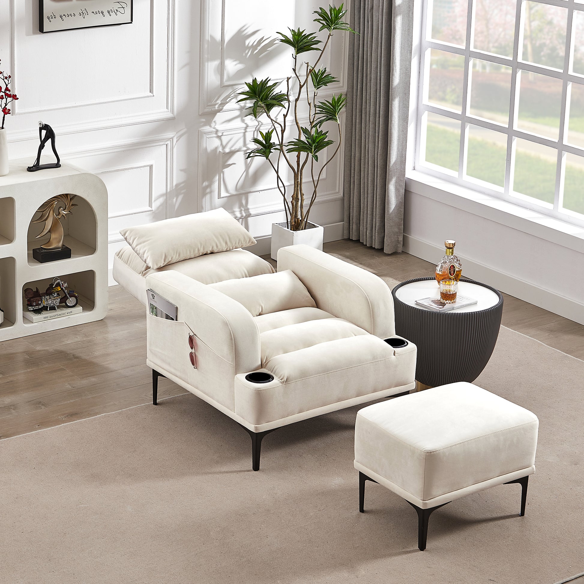 Accent Chairs With Ottoman, Velvet Fabric Armchair With Ottoman For Bedroom Living Room, Modern Chair With Cup Holder, Adjustable Backrest And Side Pockets. Ivory Foam Velvet