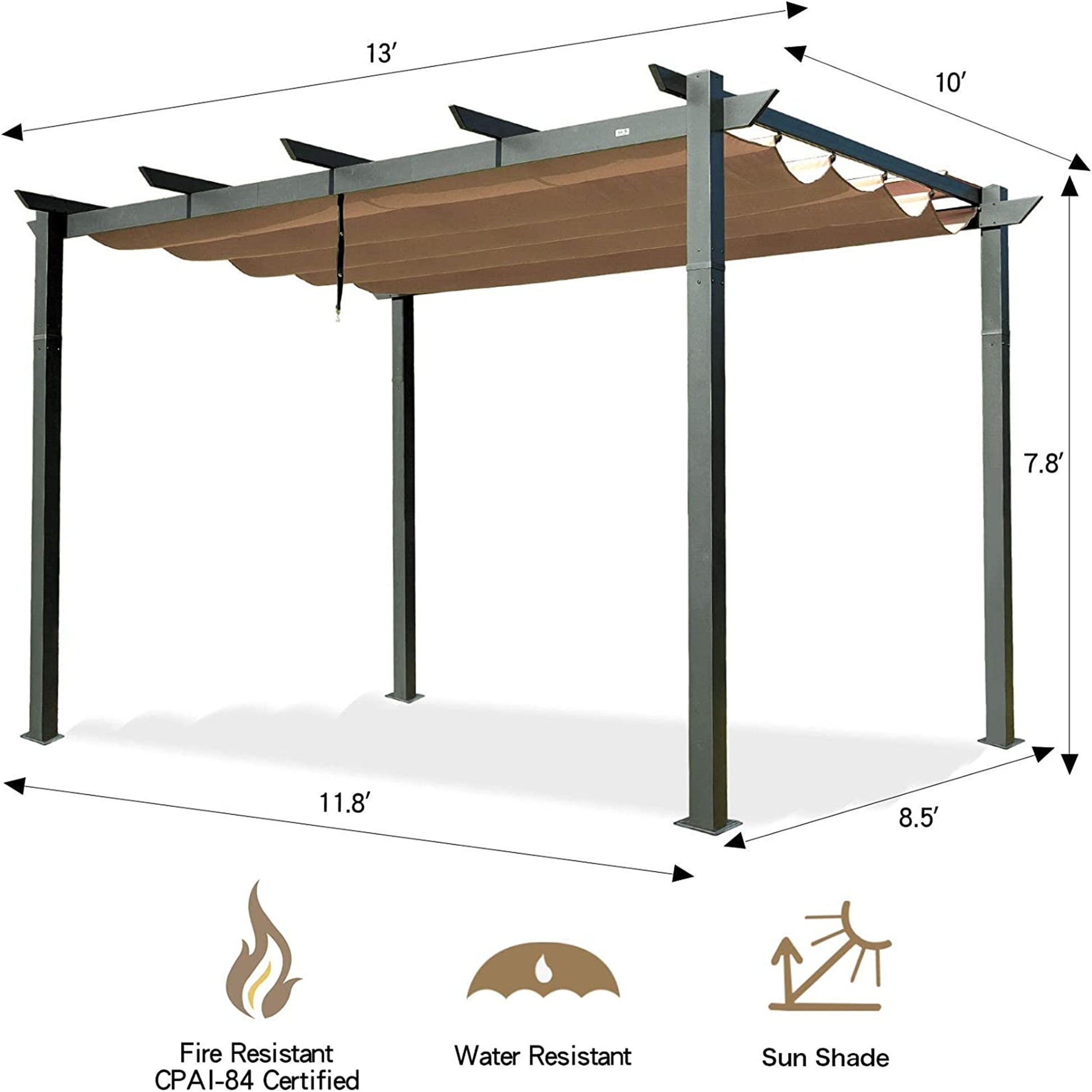 Aluminum Retractable Pergola With Sun Shade Patio Gazebo With Weather Resistant Canopy For Backyard Deck Garden Grape Trellis Outdoor Pergola, Beige Dark Gray Aluminium