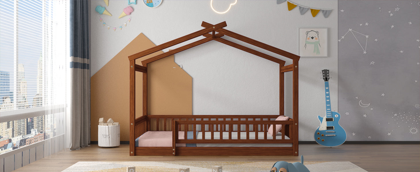 Twin Size Wood Bed House Bed Frame With Fence, For Kids, Teens, Girls, Boys, Walnut Box Spring Not Required Twin Walnut Wood Pine Bed Frame Wood