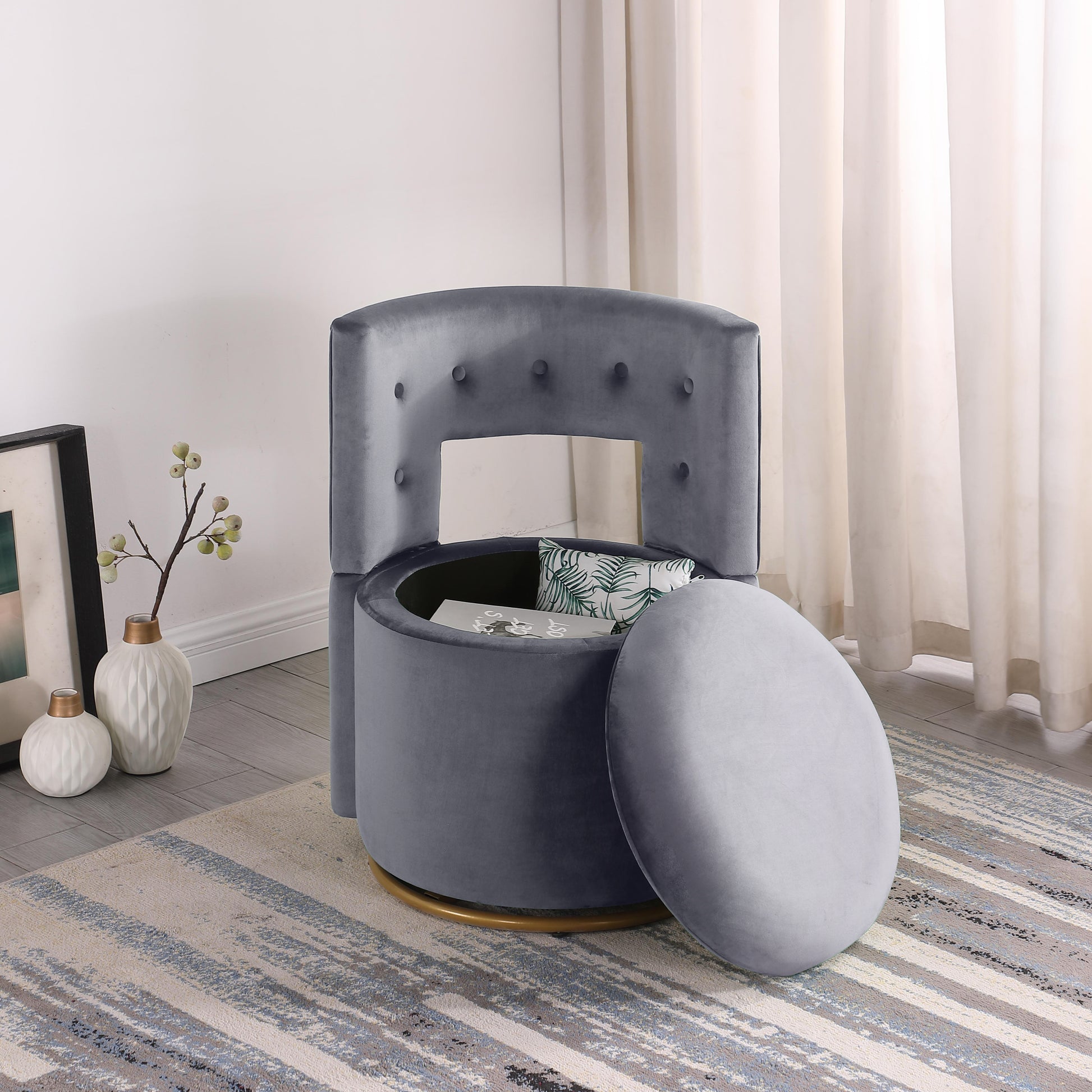 360 Swivel Accent Chair With Storage Function, And Velvet Pillow, Velvet Curved Chair With Gold Metal Base For Living Room, Nursery, Bedroom Video Gray Velvet