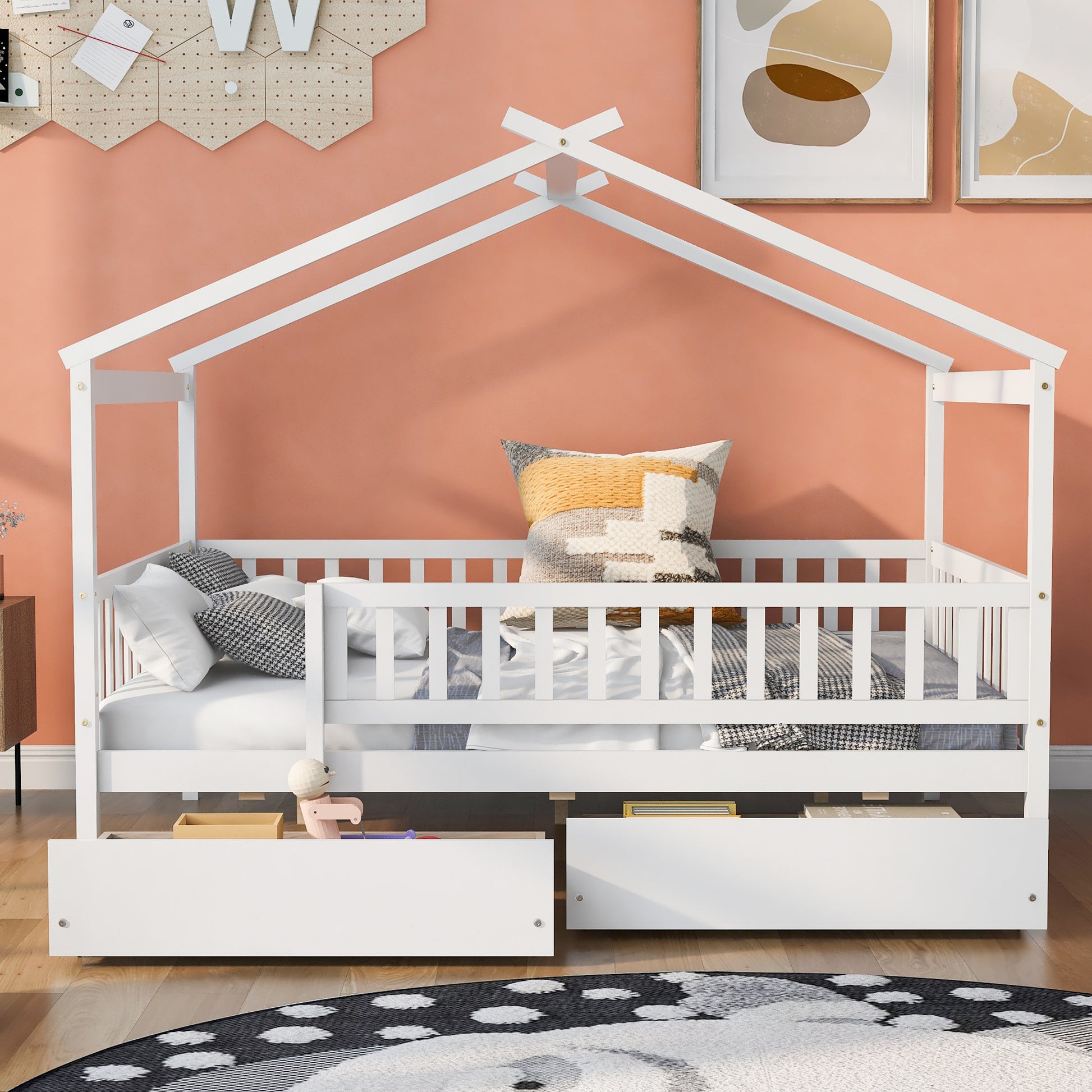 Full Size Wooden House Bed With Two Drawers, White Box Spring Not Required Full White Wood White Bedroom Pine Bed Frame Wood