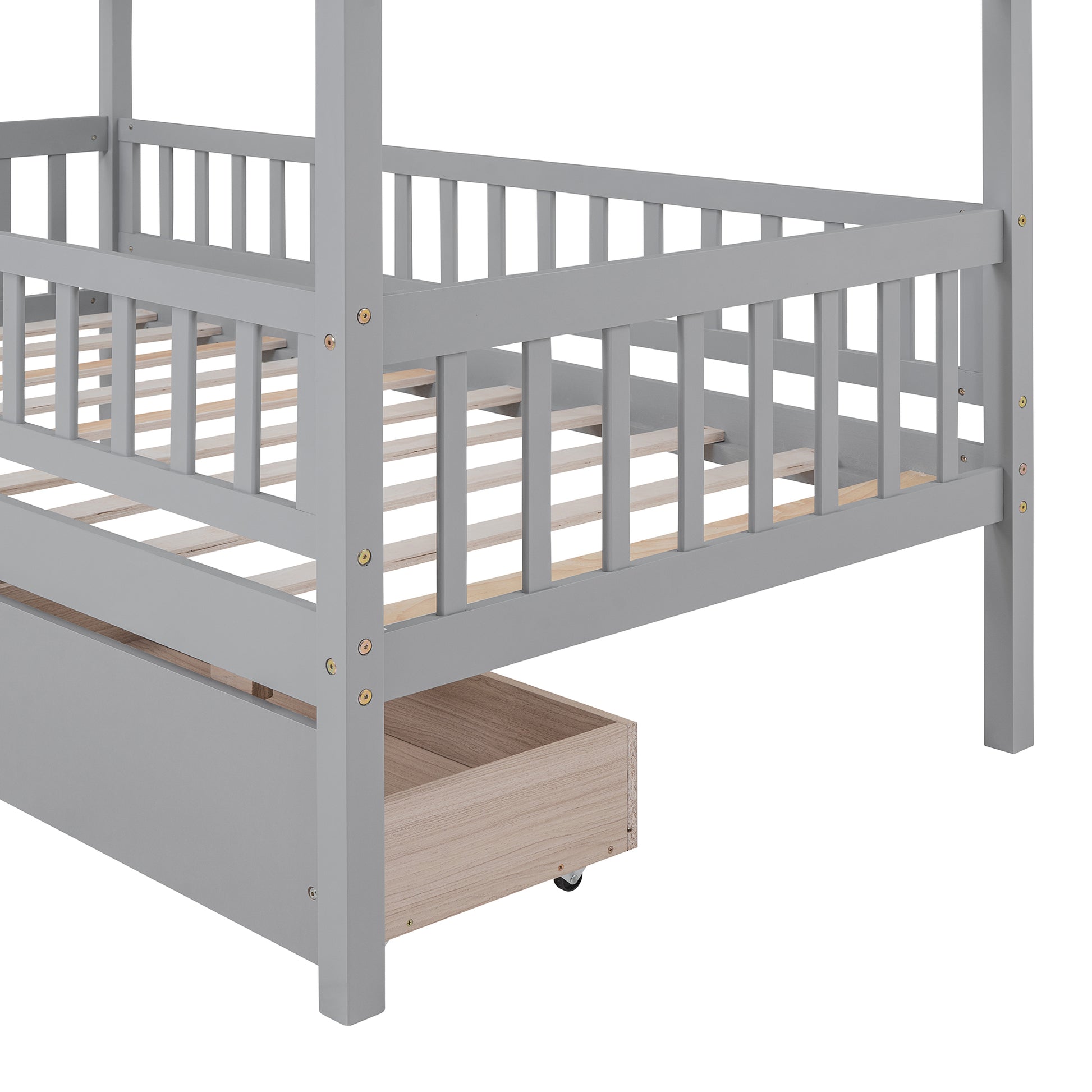 Twin Size Wooden House Bed With Two Drawers, Gray Box Spring Not Required Twin Gray Wood Gray Bedroom Pine Bed Frame Wood