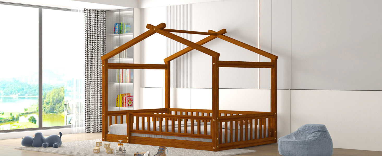 Full Size Wood Bed House Bed Frame With Fence, For Kids, Teens, Girls, Boys,Walnut Box Spring Not Required Full Walnut Wood Pine Bed Frame Wood