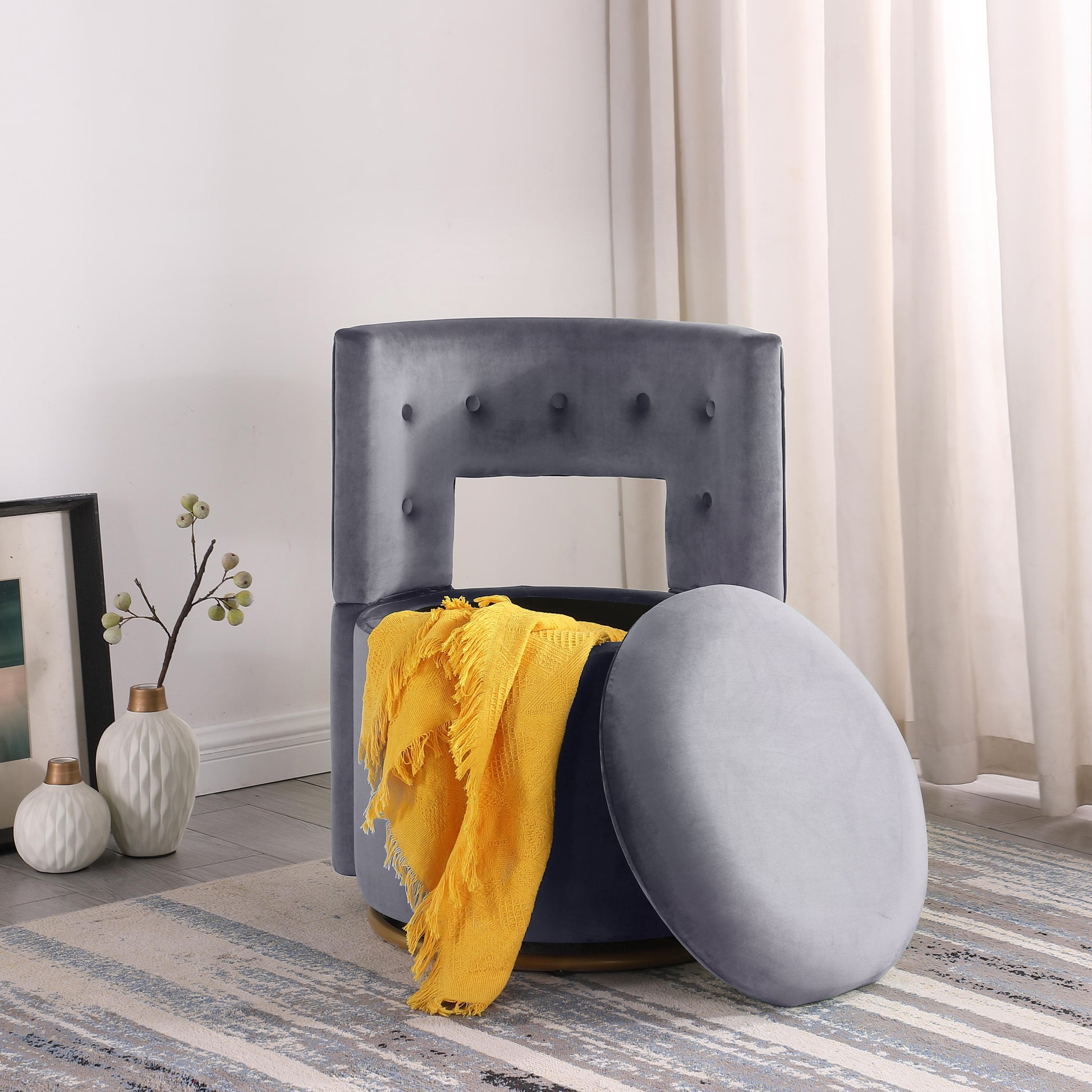 360 Swivel Accent Chair With Storage Function, And Velvet Pillow, Velvet Curved Chair With Gold Metal Base For Living Room, Nursery, Bedroom Video Gray Velvet