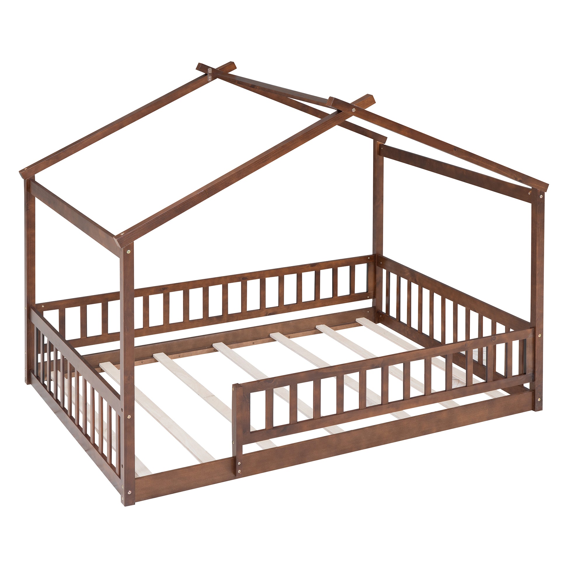 Full Size Wood Bed House Bed Frame With Fence, For Kids, Teens, Girls, Boys,Walnut Box Spring Not Required Full Walnut Wood Pine Bed Frame Wood