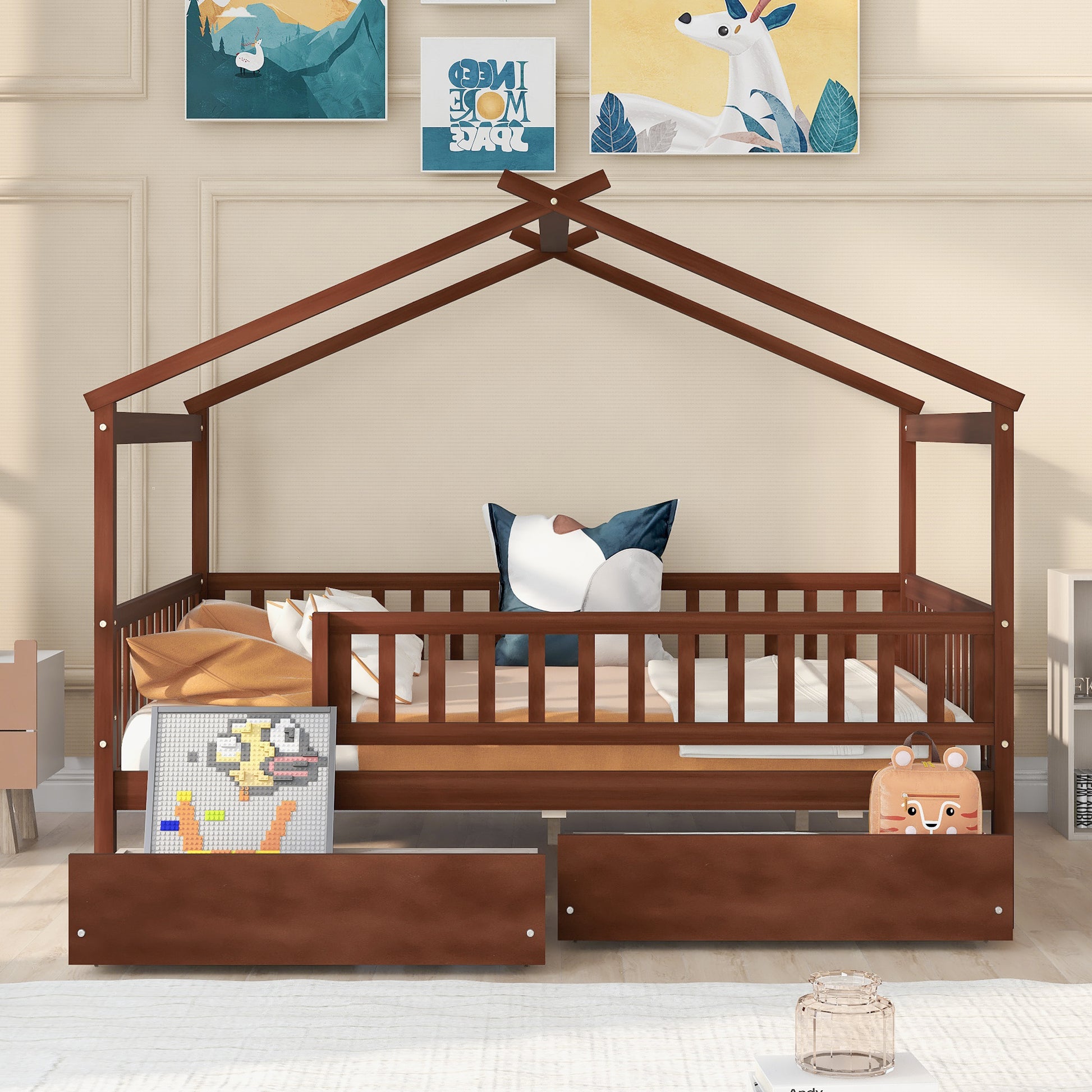 Full Size Wooden House Bed With Two Drawers, Walnut Box Spring Not Required Full Walnut Wood Bedroom Pine Bed Frame Wood