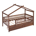 Twin Size Wooden House Bed With Two Drawers, Walnut Box Spring Not Required Twin Walnut Wood Bedroom Pine Bed Frame Wood