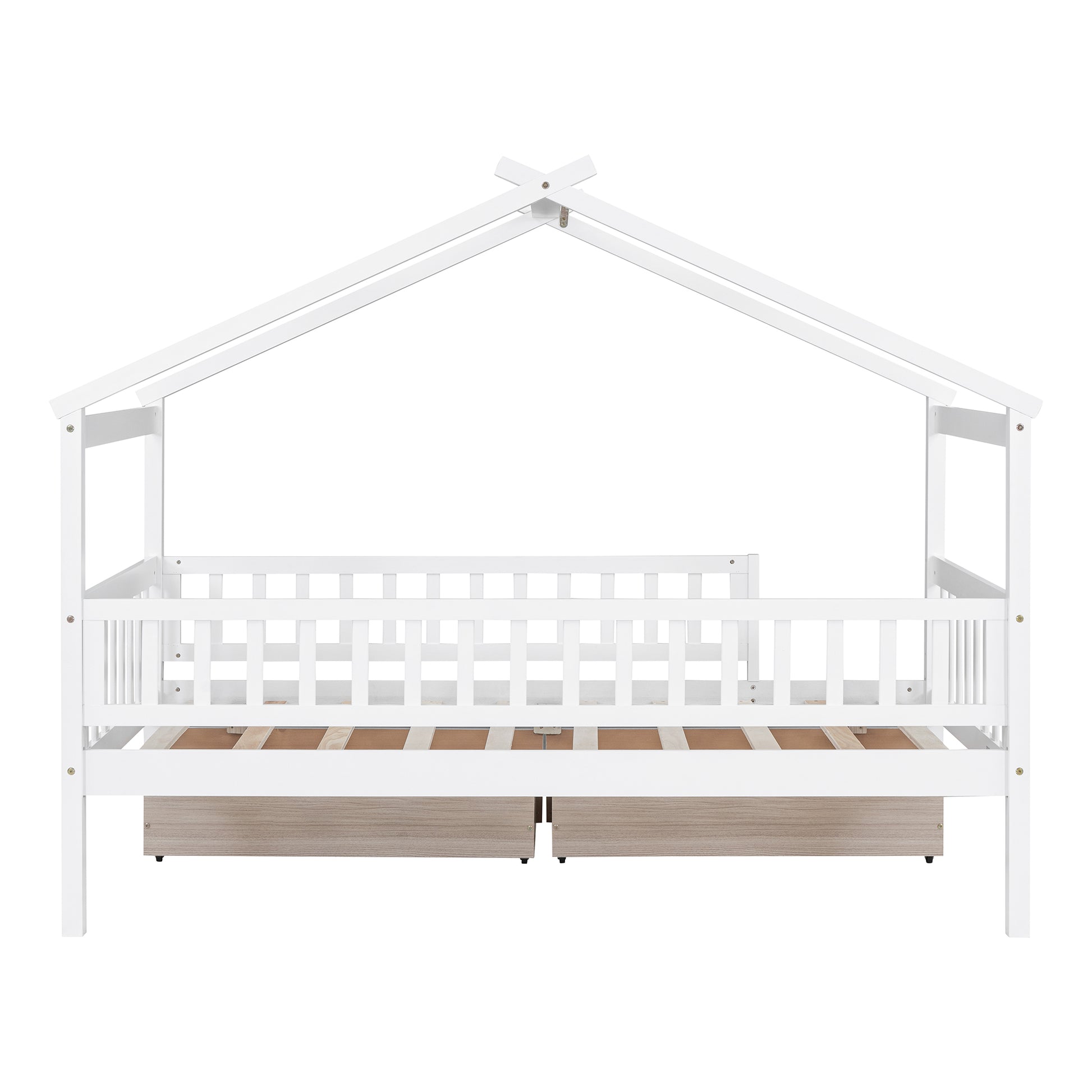 Twin Size Wooden House Bed With Two Drawers, White Box Spring Not Required Twin White Wood White Bedroom Pine Bed Frame Wood