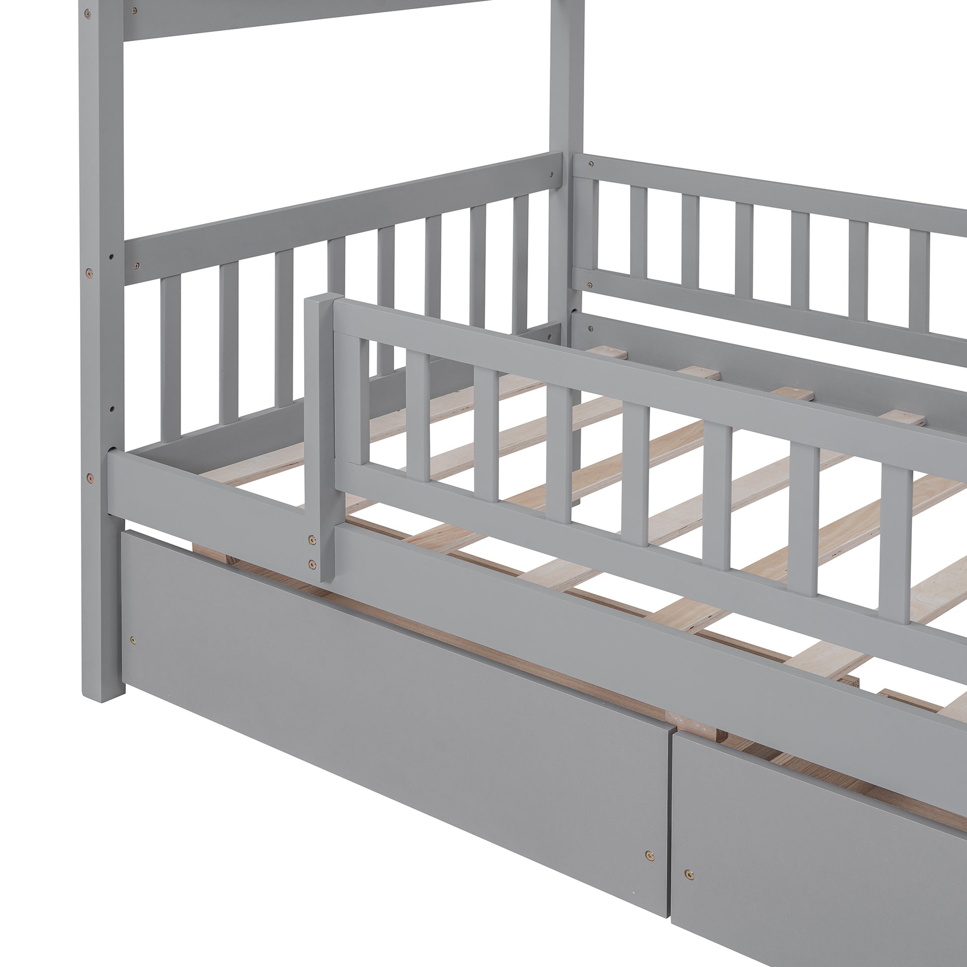 Twin Size Wooden House Bed With Two Drawers, Gray Box Spring Not Required Twin Gray Wood Gray Bedroom Pine Bed Frame Wood