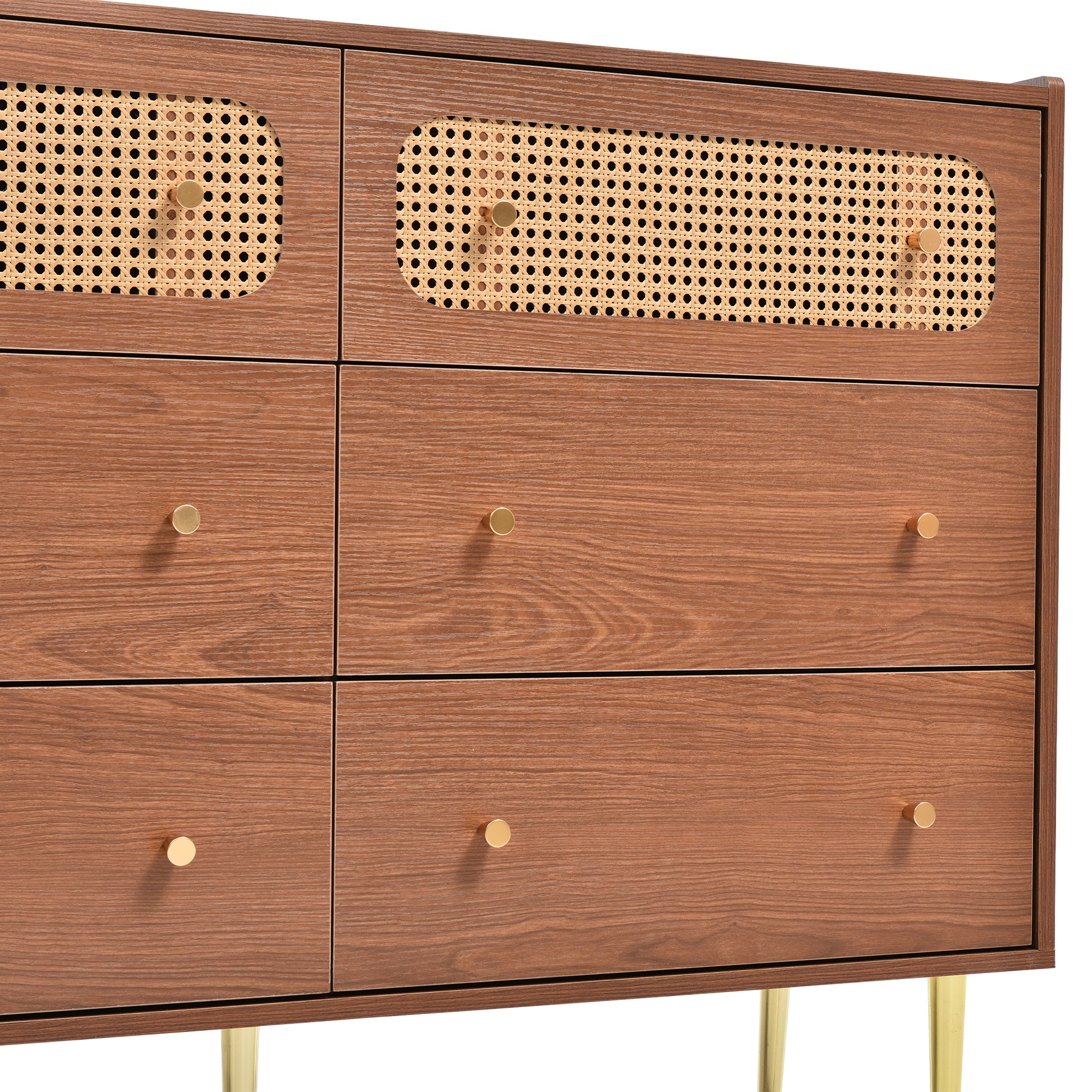 Dresser For Bedroom, Chest Of Drawers, 6 Drawer Dresser, Floor Storage Drawer Cabinet For Home Office, Drawer Chest Of Drawers Rattan Chest Of Drawers Highboard With 6 Drawers, Walnut H90 W120 D40 Cm 5 Or More Drawers Natural Cherry Art Deco Rattan