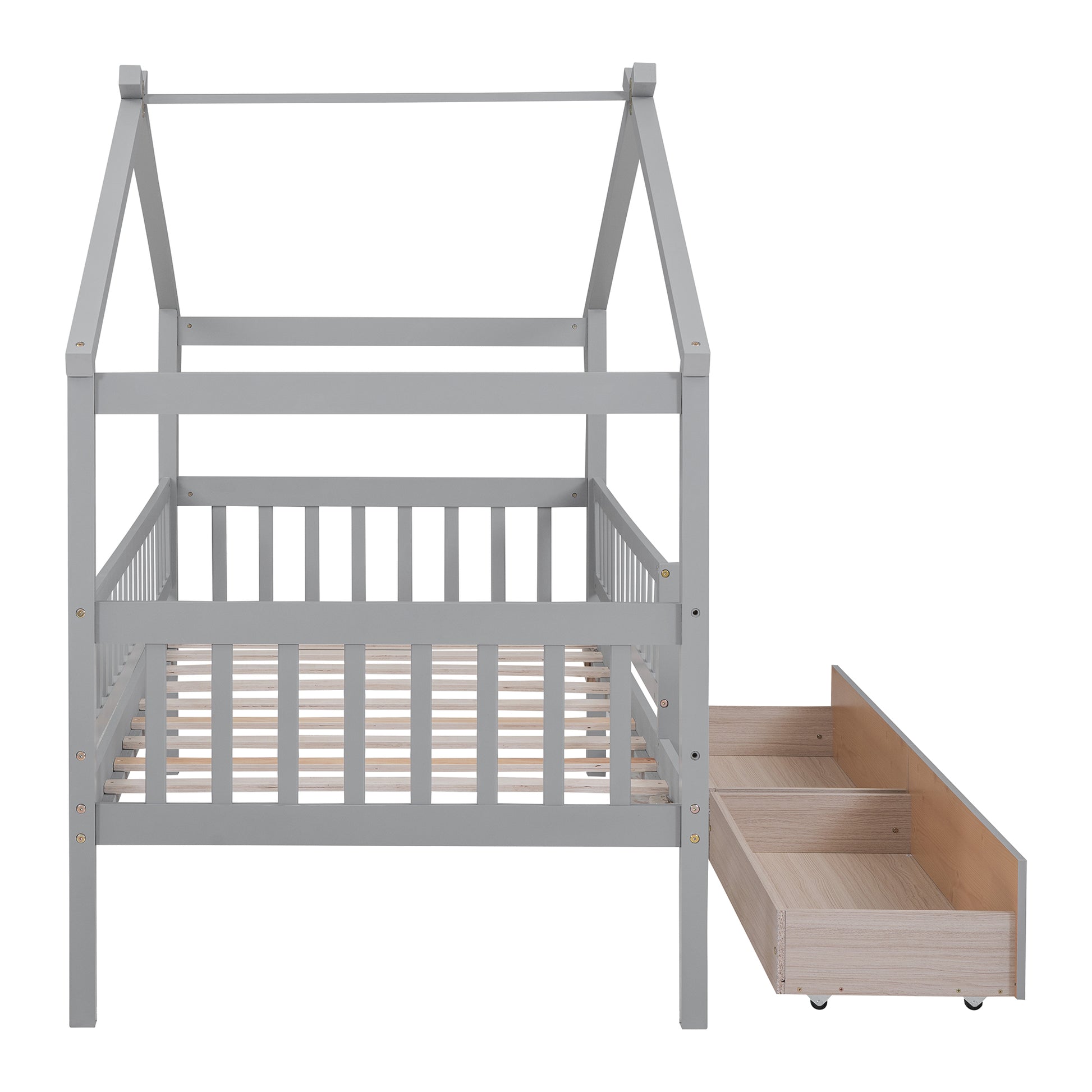 Twin Size Wooden House Bed With Two Drawers, Gray Box Spring Not Required Twin Gray Wood Gray Bedroom Pine Bed Frame Wood