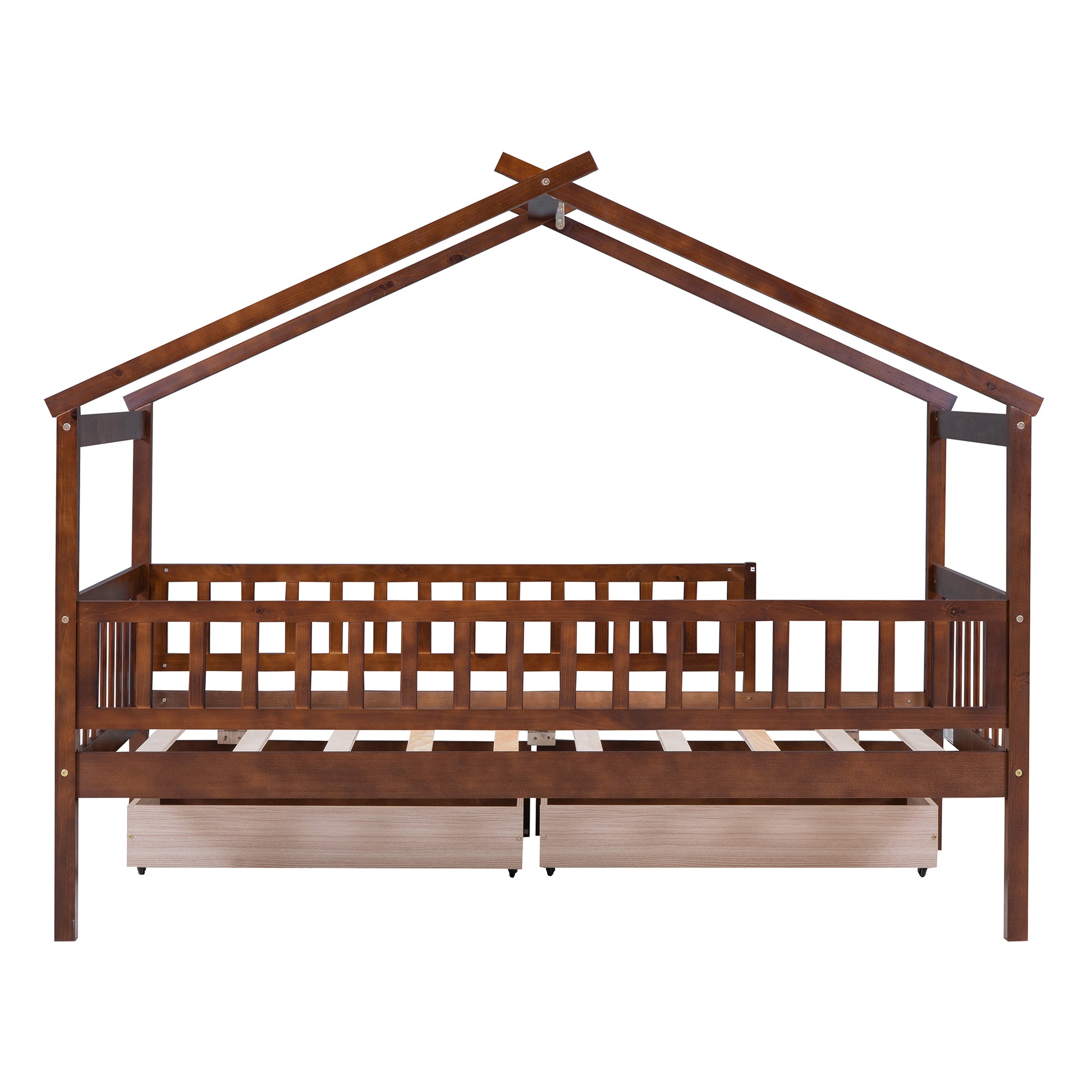 Twin Size Wooden House Bed With Two Drawers, Walnut Box Spring Not Required Twin Walnut Wood Bedroom Pine Bed Frame Wood