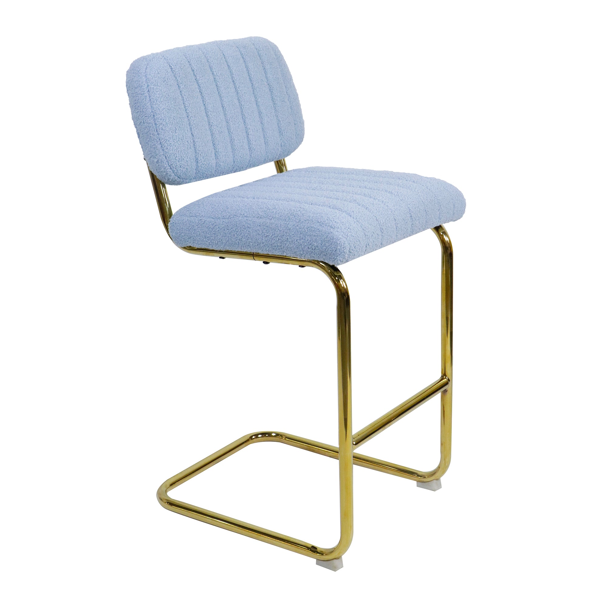 Mid Century Modern Counter Height Bar Stools For Kitchen Set Of 2, Armless Bar Chairs With Gold Metal Chrome Base For Dining Room, Upholstered Boucle Fabric Counter Stools, Blue Blue Faux Fur