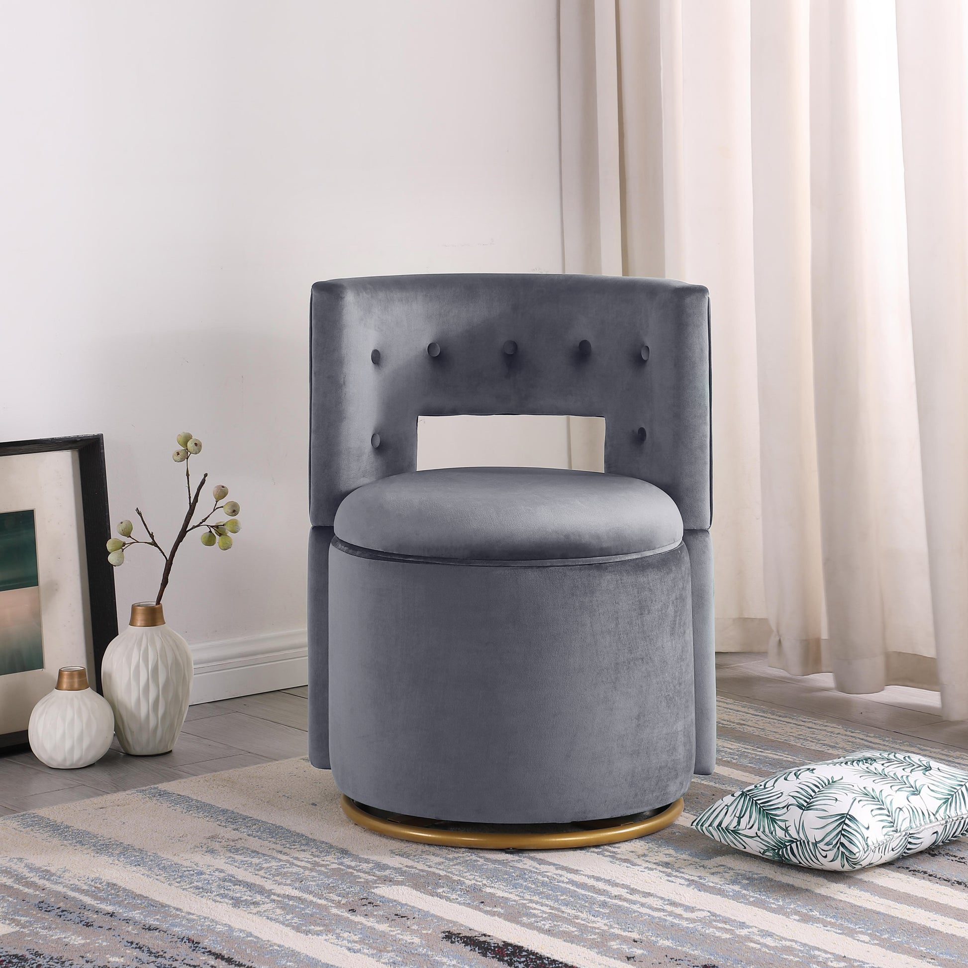 360 Swivel Accent Chair With Storage Function, And Velvet Pillow, Velvet Curved Chair With Gold Metal Base For Living Room, Nursery, Bedroom Video Gray Velvet