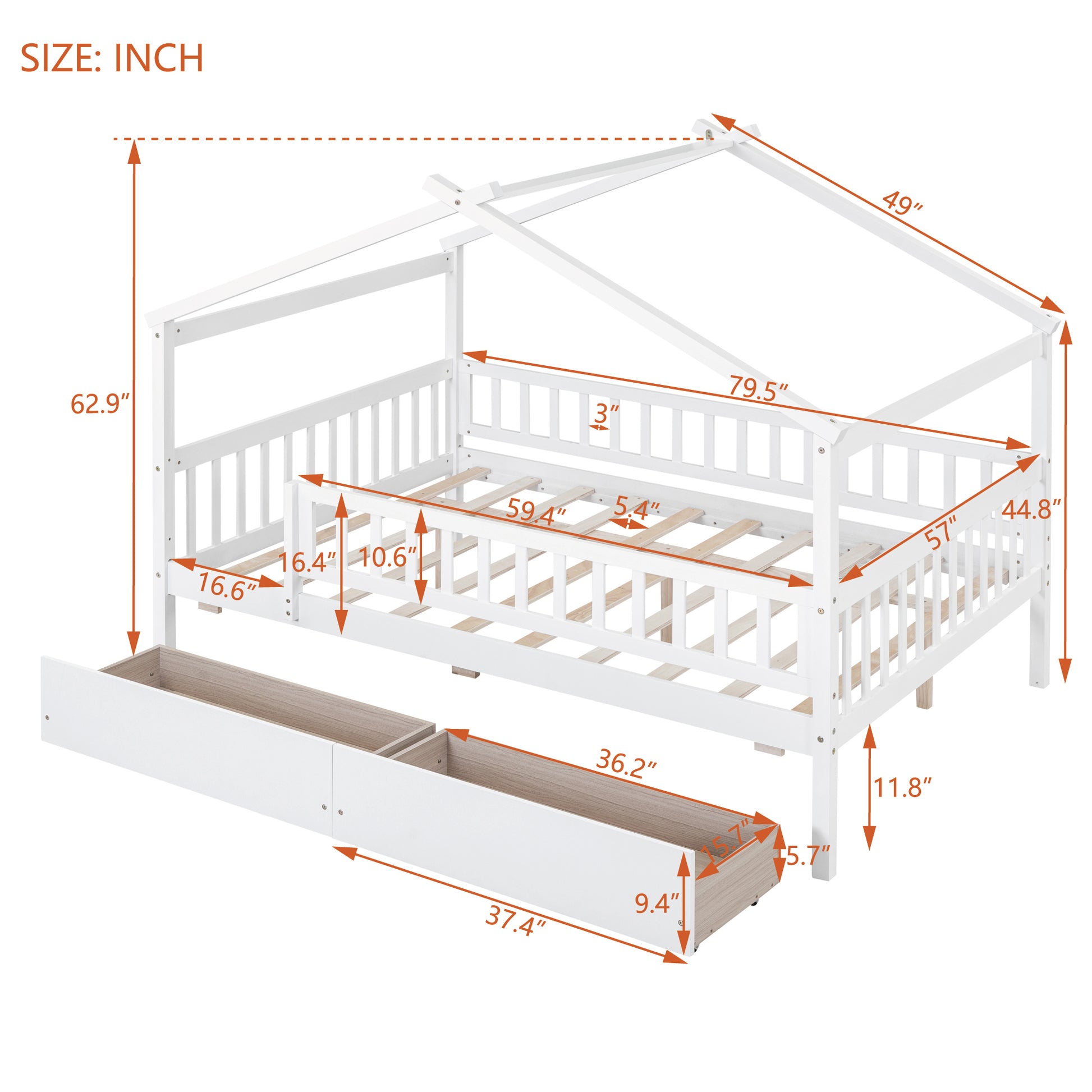Full Size Wooden House Bed With Two Drawers, White Box Spring Not Required Full White Wood White Bedroom Pine Bed Frame Wood