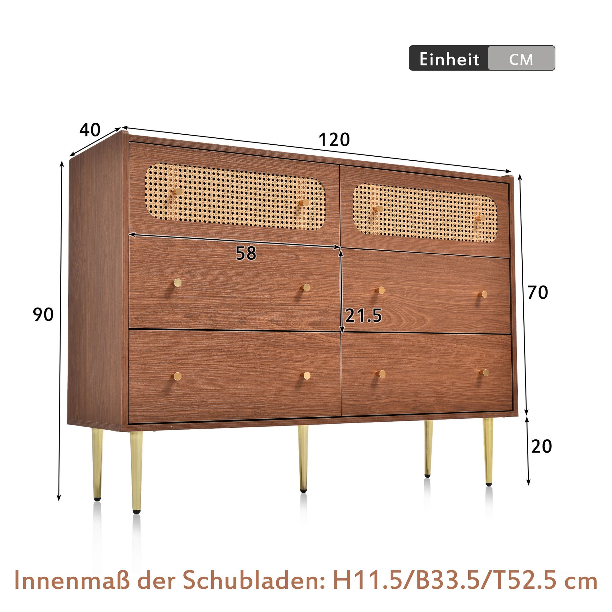 Dresser For Bedroom, Chest Of Drawers, 6 Drawer Dresser, Floor Storage Drawer Cabinet For Home Office, Drawer Chest Of Drawers Rattan Chest Of Drawers Highboard With 6 Drawers, Walnut H90 W120 D40 Cm 5 Or More Drawers Natural Cherry Art Deco Rattan