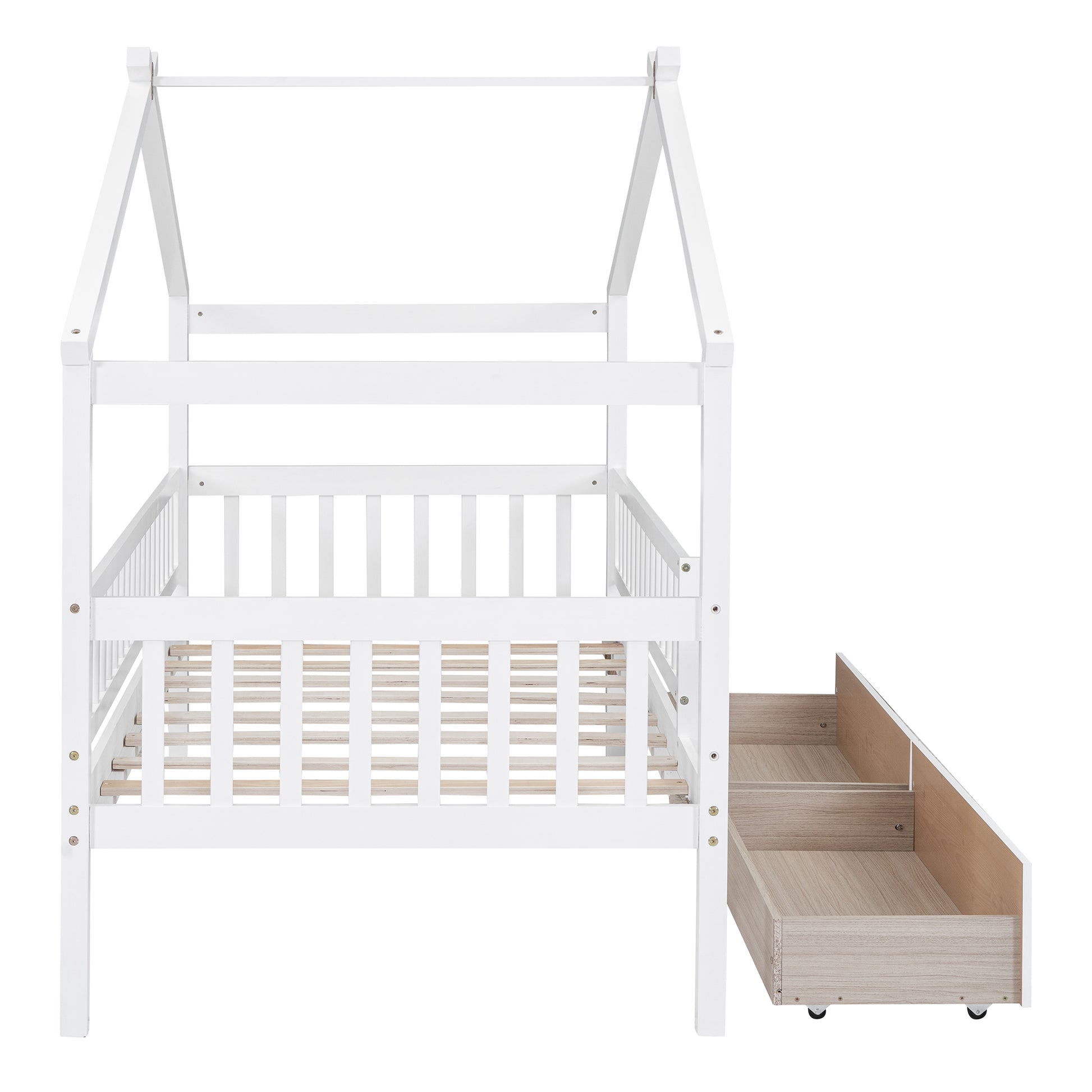 Twin Size Wooden House Bed With Two Drawers, White Box Spring Not Required Twin White Wood White Bedroom Pine Bed Frame Wood