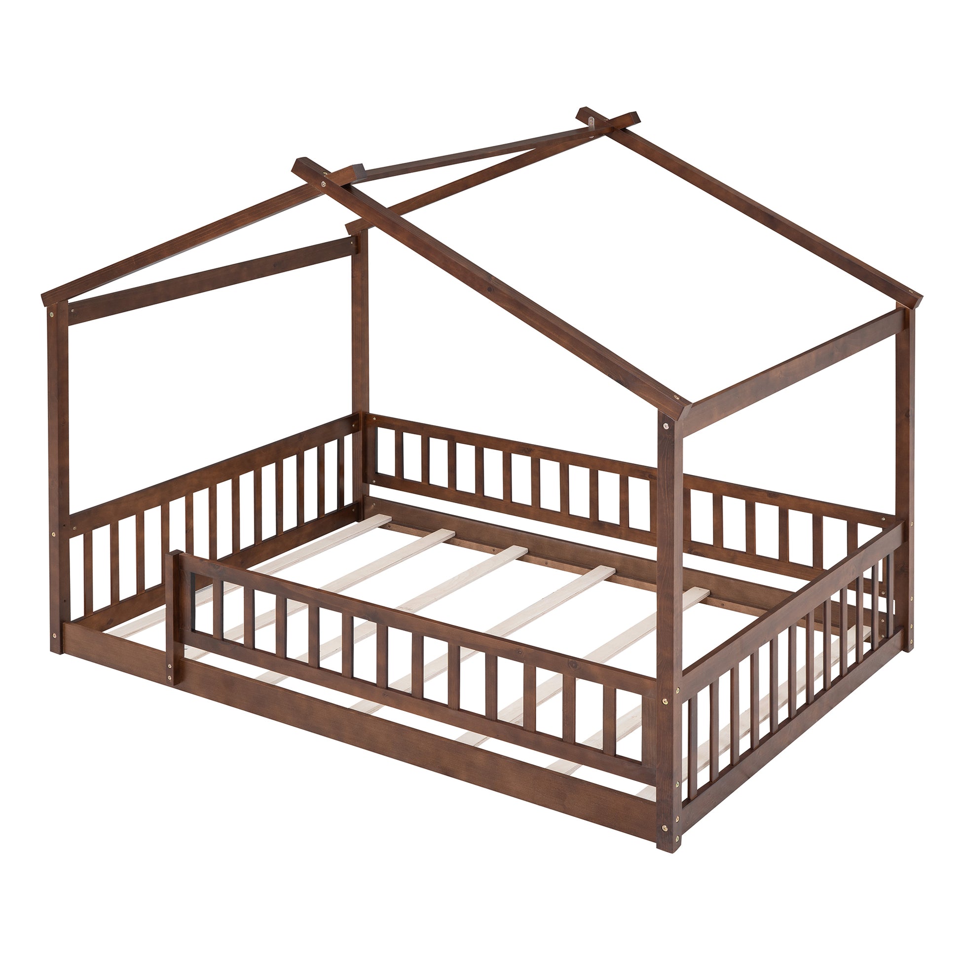 Full Size Wood Bed House Bed Frame With Fence, For Kids, Teens, Girls, Boys,Walnut Box Spring Not Required Full Walnut Wood Pine Bed Frame Wood