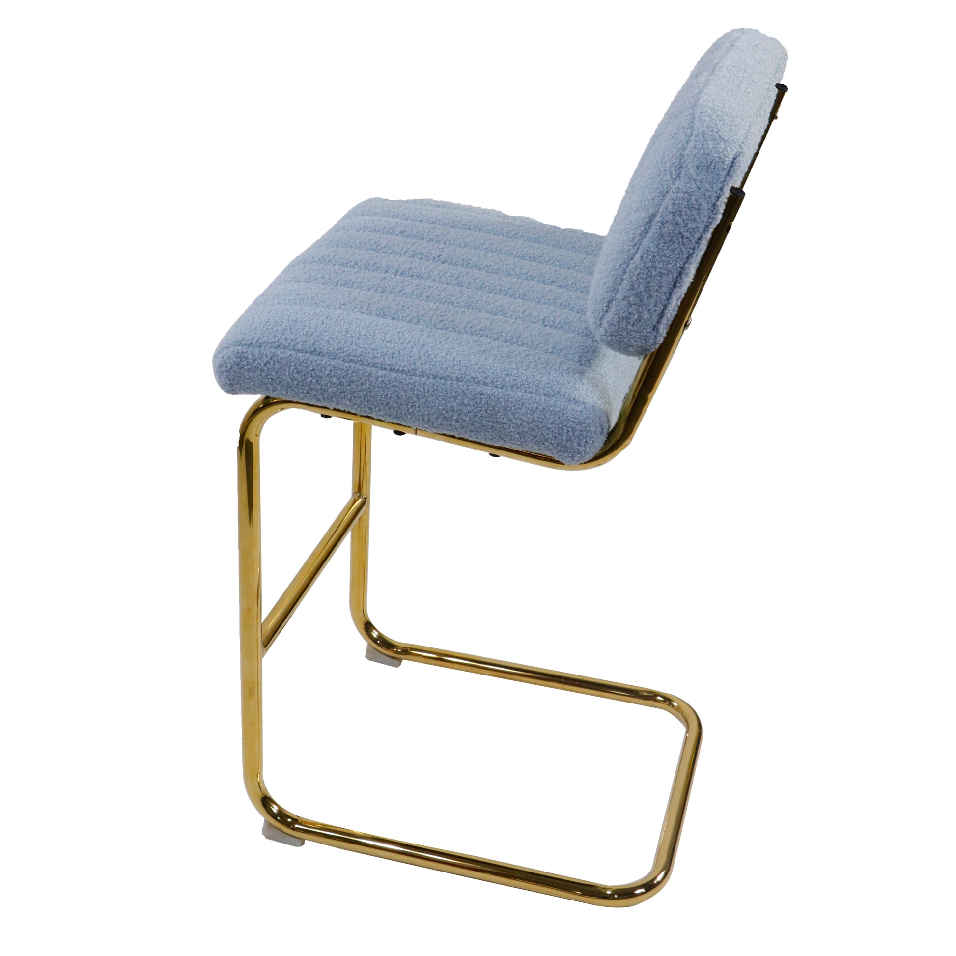 Mid Century Modern Counter Height Bar Stools For Kitchen Set Of 2, Armless Bar Chairs With Gold Metal Chrome Base For Dining Room, Upholstered Boucle Fabric Counter Stools, Blue Blue Faux Fur