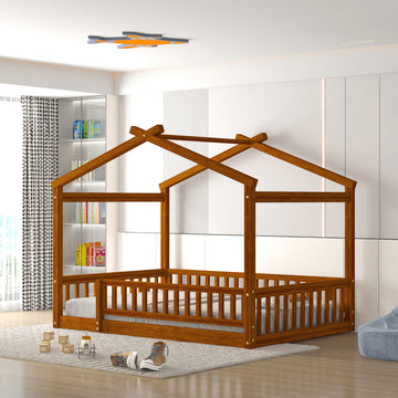 Full Size Wood Bed House Bed Frame With Fence, For Kids, Teens, Girls, Boys,Walnut Box Spring Not Required Full Walnut Wood Pine Bed Frame Wood