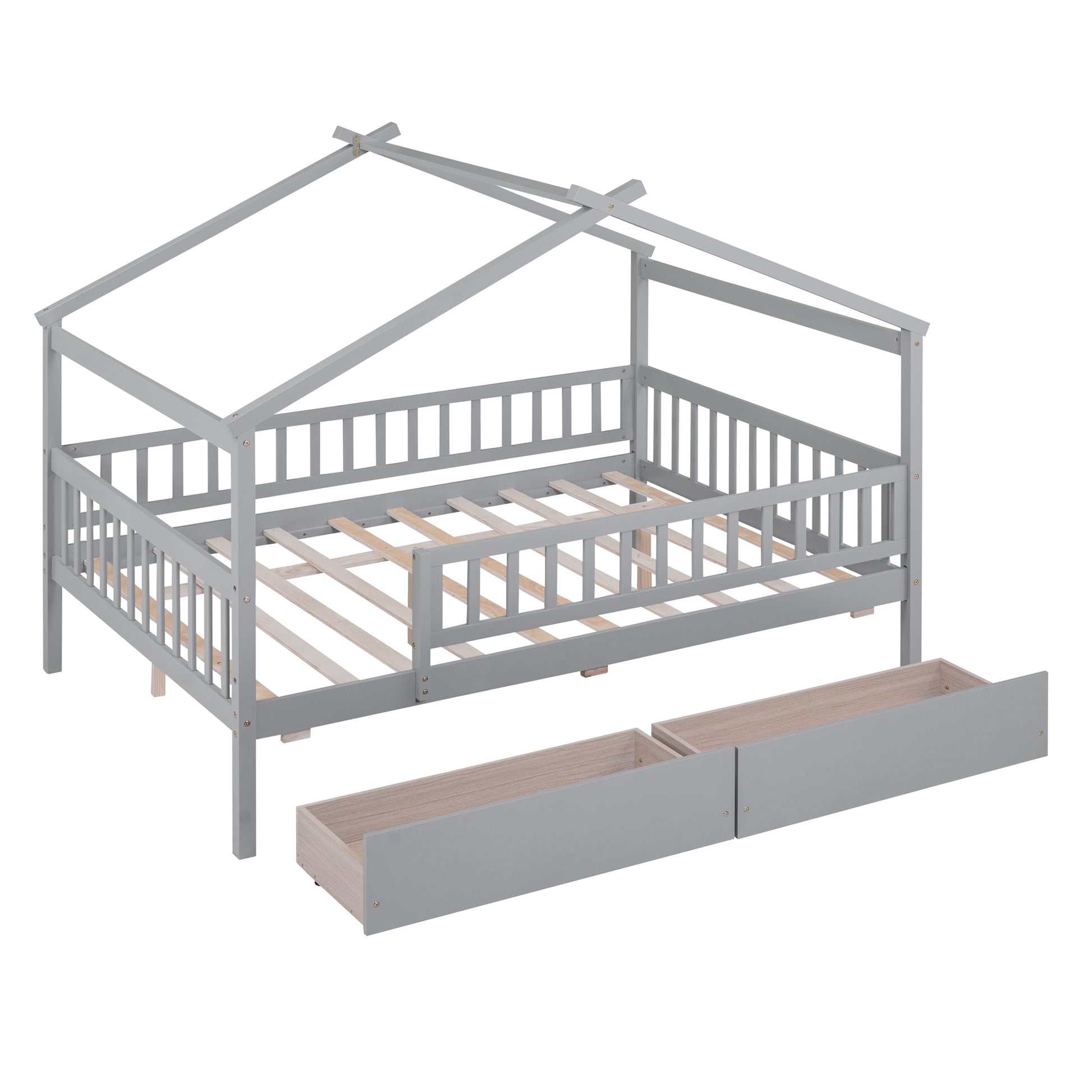 Full Size Wooden House Bed With Two Drawers,Gray Box Spring Not Required Full Gray Wood Gray Bedroom Pine Bed Frame Wood