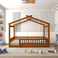 Full Size Wood Bed House Bed Frame With Fence, For Kids, Teens, Girls, Boys,Walnut Box Spring Not Required Full Walnut Wood Pine Bed Frame Wood