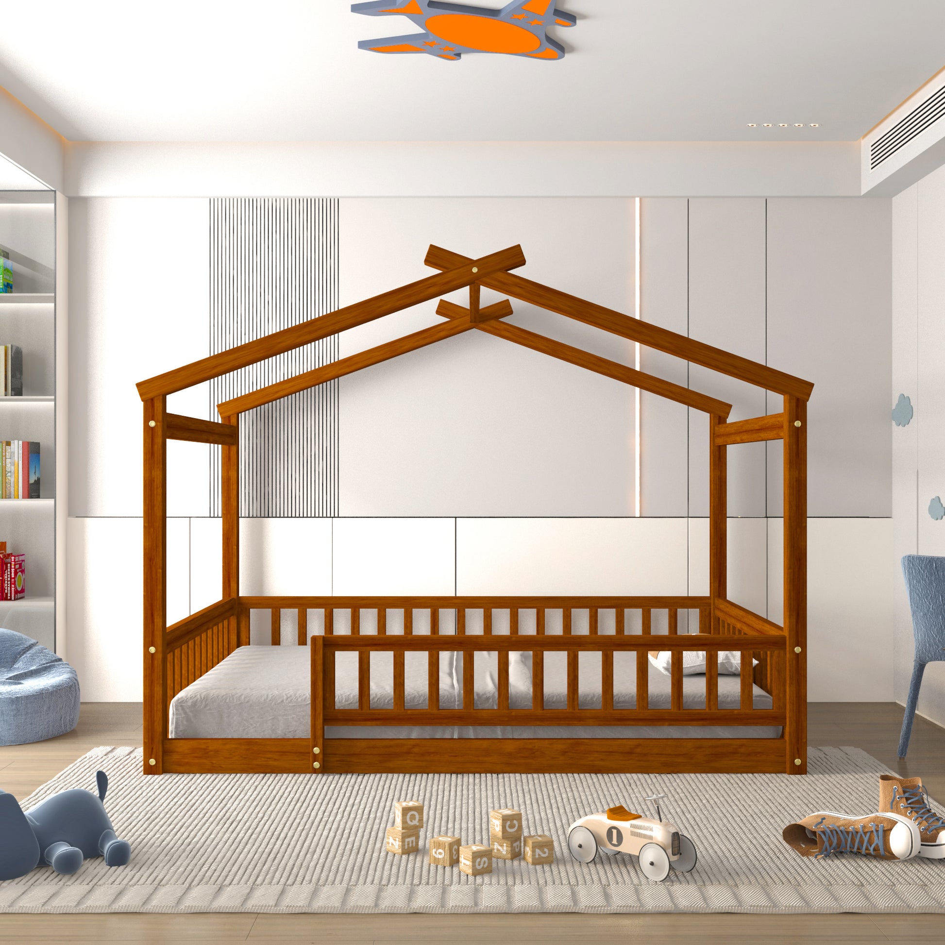 Full Size Wood Bed House Bed Frame With Fence, For Kids, Teens, Girls, Boys,Walnut Box Spring Not Required Full Walnut Wood Pine Bed Frame Wood