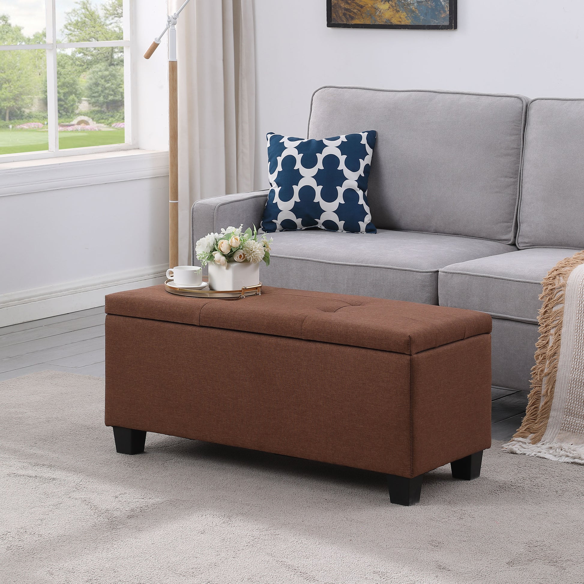 Video Large Storage Ottoman Bench Set, 3 In 1 Combination Ottoman, Tufted Ottoman Linen Bench For Living Room, Entryway, Hallway, Bedroom Support 250Lbs Brown Fabric