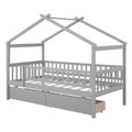 Twin Size Wooden House Bed With Two Drawers, Gray Box Spring Not Required Twin Gray Wood Gray Bedroom Pine Bed Frame Wood