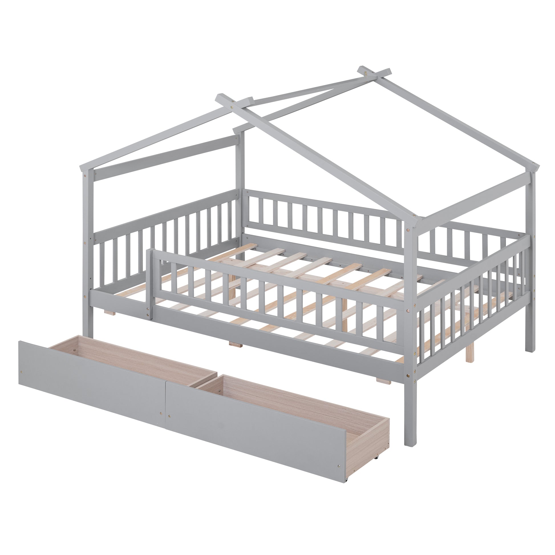 Full Size Wooden House Bed With Two Drawers,Gray Box Spring Not Required Full Gray Wood Gray Bedroom Pine Bed Frame Wood