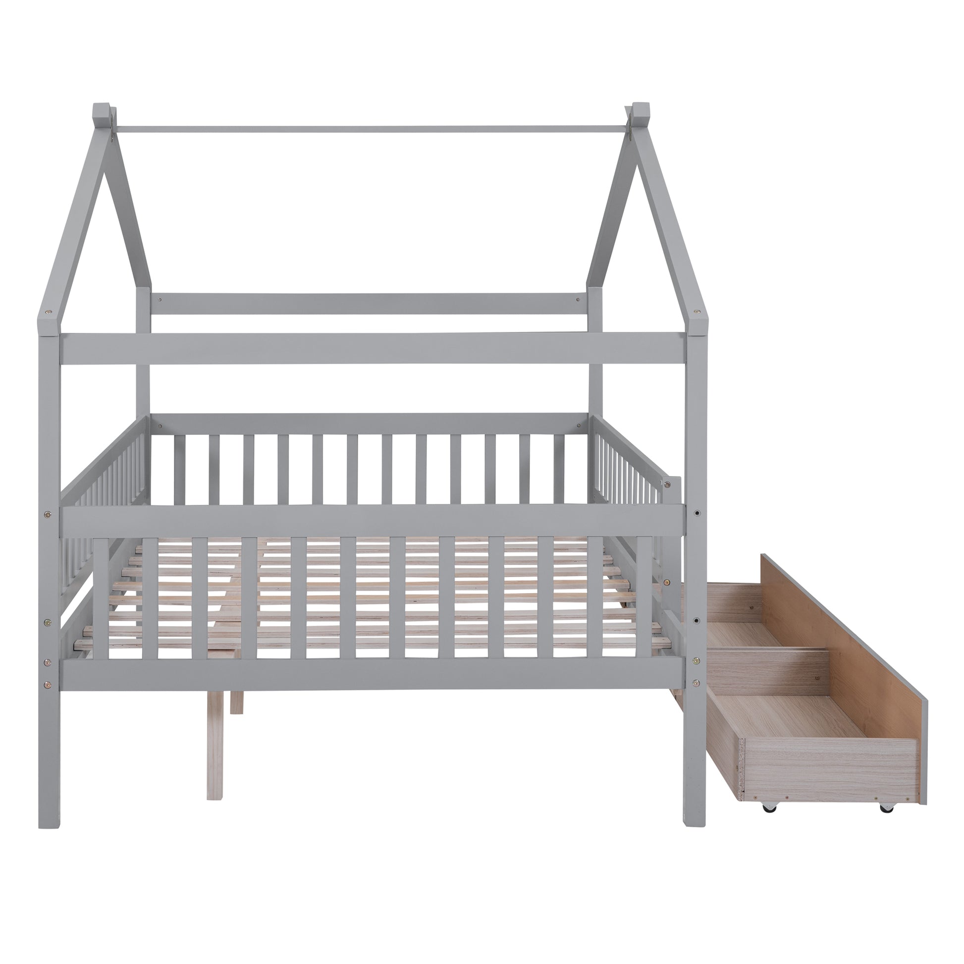 Full Size Wooden House Bed With Two Drawers,Gray Box Spring Not Required Full Gray Wood Gray Bedroom Pine Bed Frame Wood