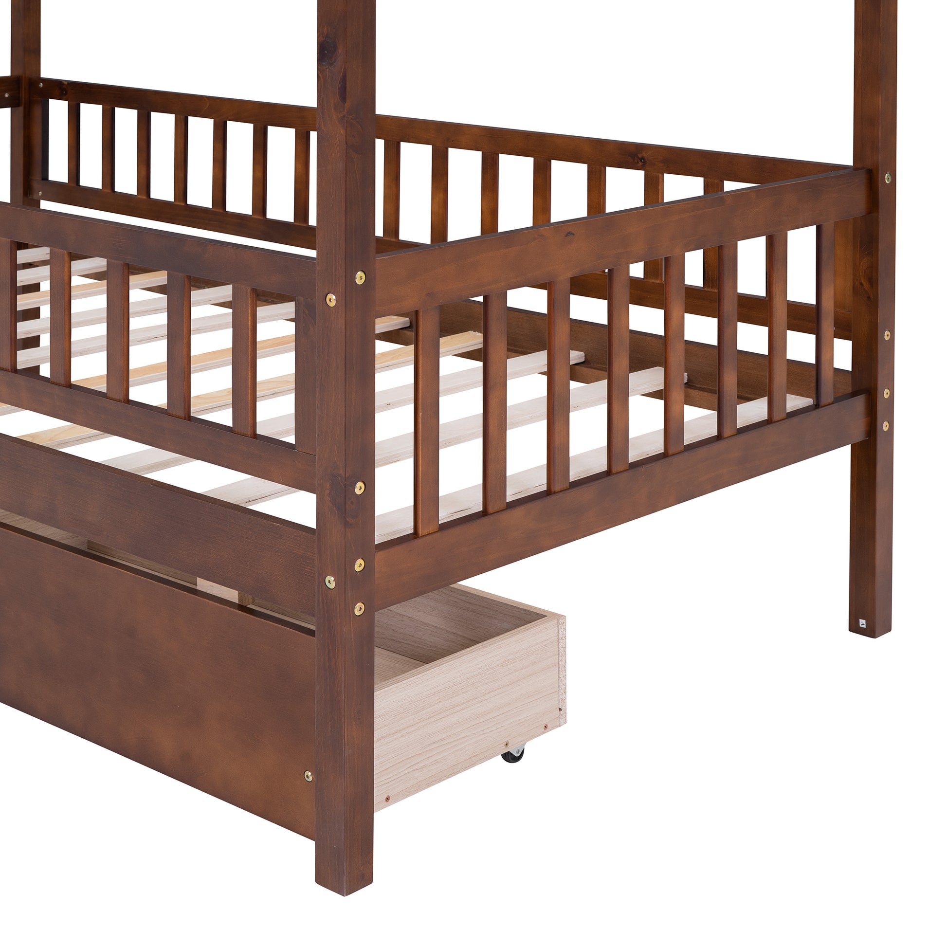 Twin Size Wooden House Bed With Two Drawers, Walnut Box Spring Not Required Twin Walnut Wood Bedroom Pine Bed Frame Wood