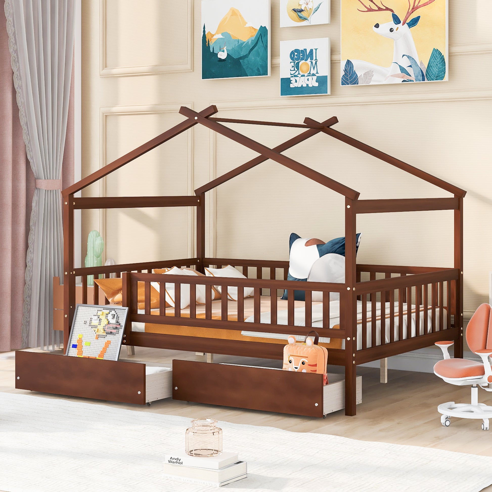 Full Size Wooden House Bed With Two Drawers, Walnut Box Spring Not Required Full Walnut Wood Bedroom Pine Bed Frame Wood