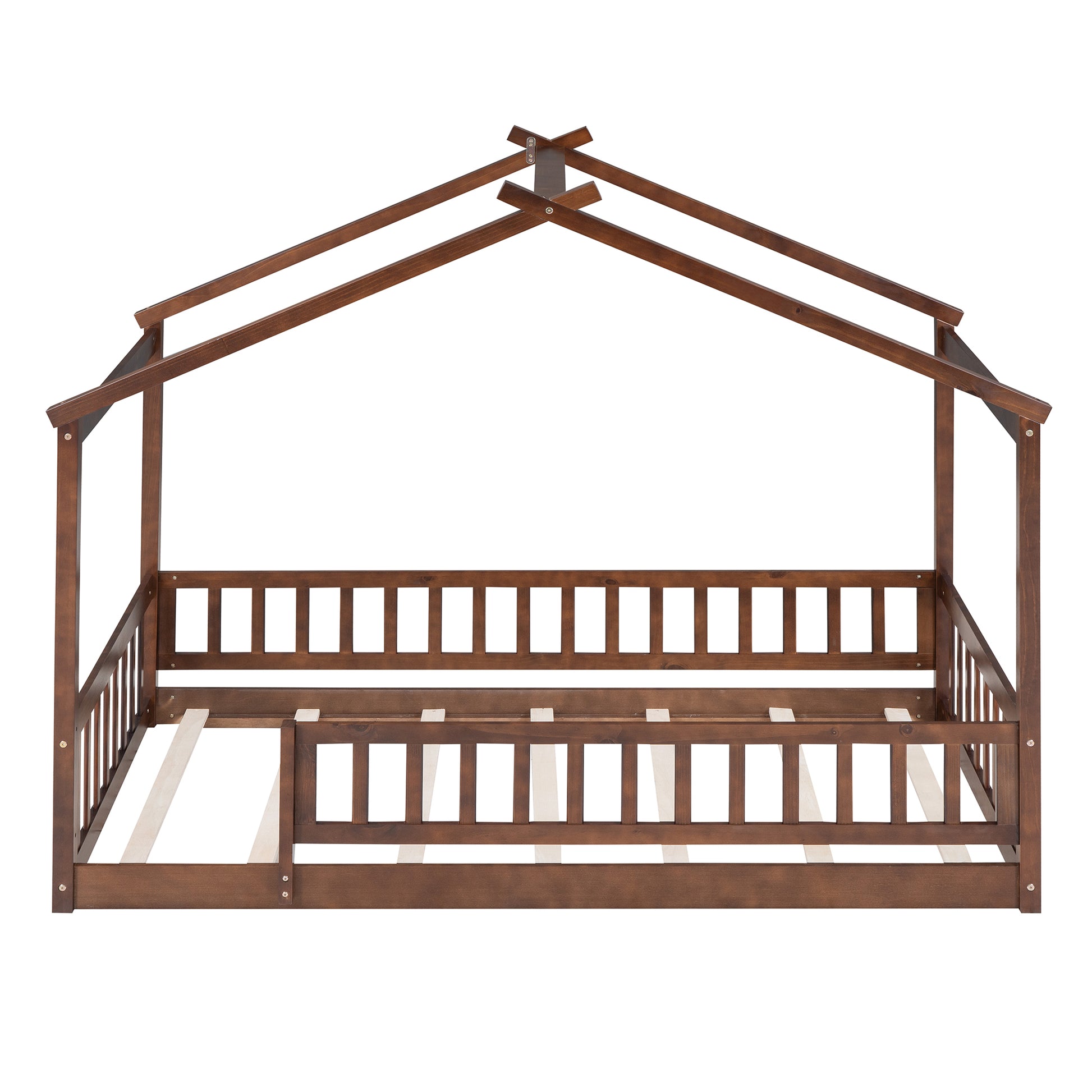 Twin Size Wood Bed House Bed Frame With Fence, For Kids, Teens, Girls, Boys, Walnut Box Spring Not Required Twin Walnut Wood Pine Bed Frame Wood