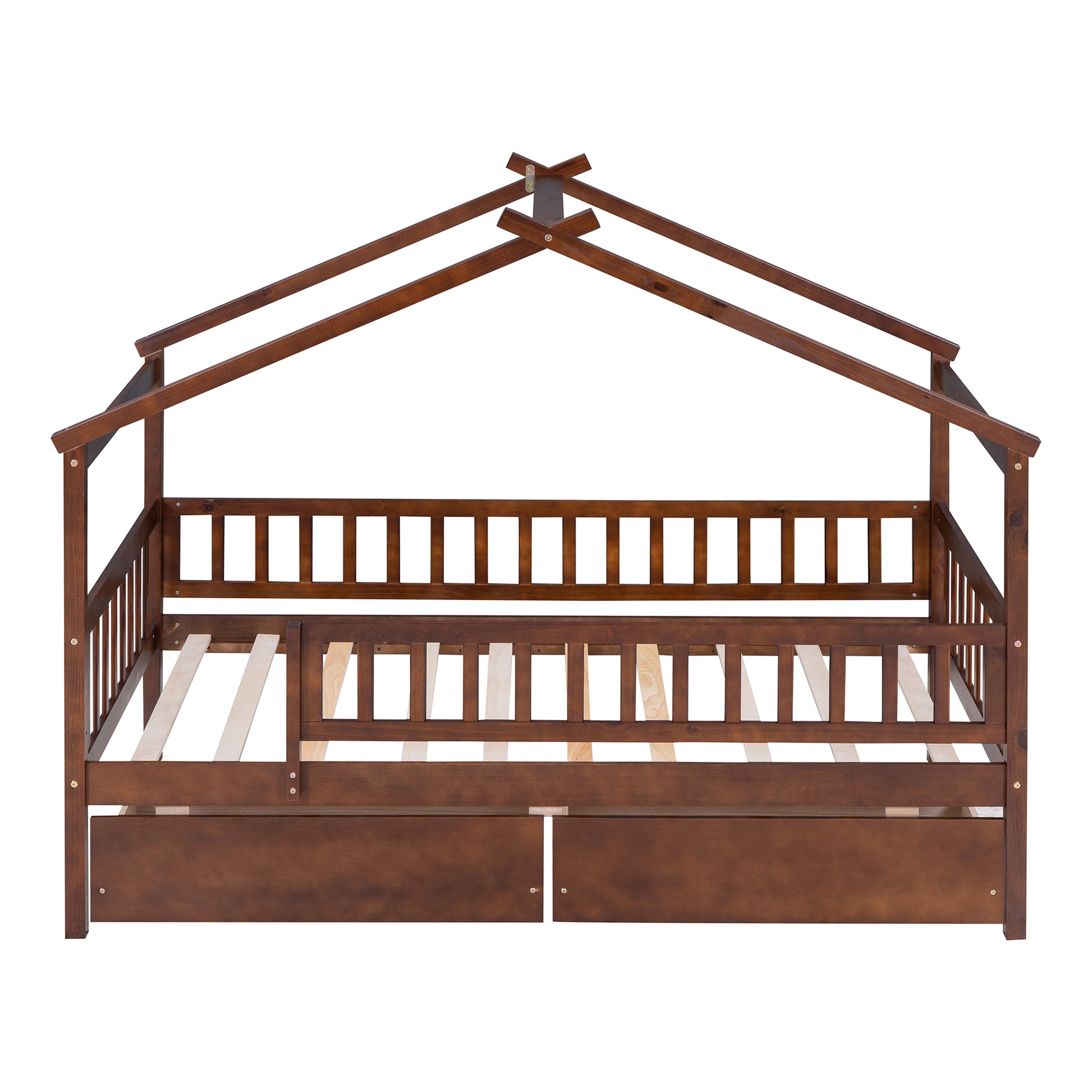 Twin Size Wooden House Bed With Two Drawers, Walnut Box Spring Not Required Twin Walnut Wood Bedroom Pine Bed Frame Wood