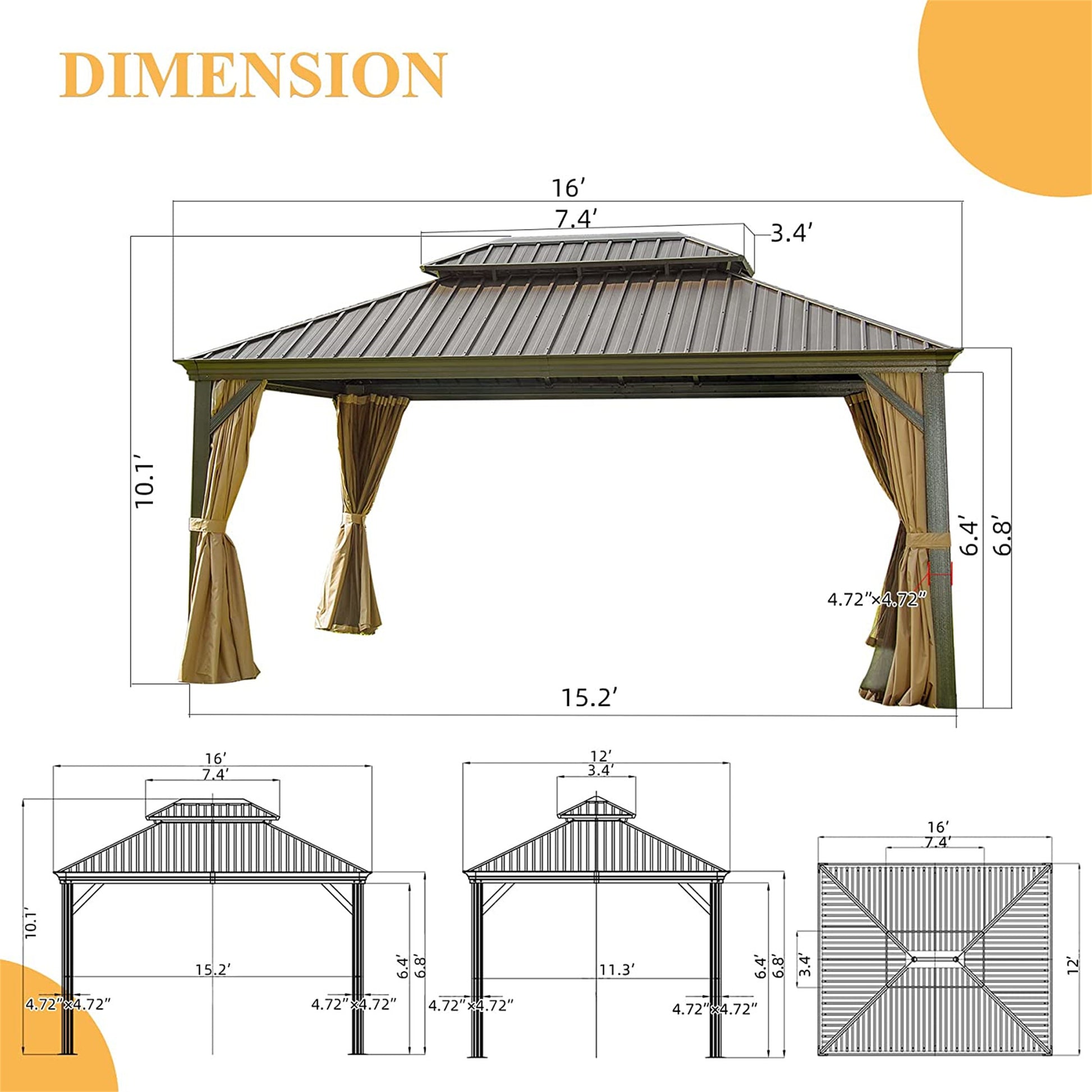 Hardtop Gazebo Outdoor Aluminum Gazebos Grill With Galvanized Steel Double Canopy For Patios Deck Backyard,Curtains&Netting Brown Aluminium