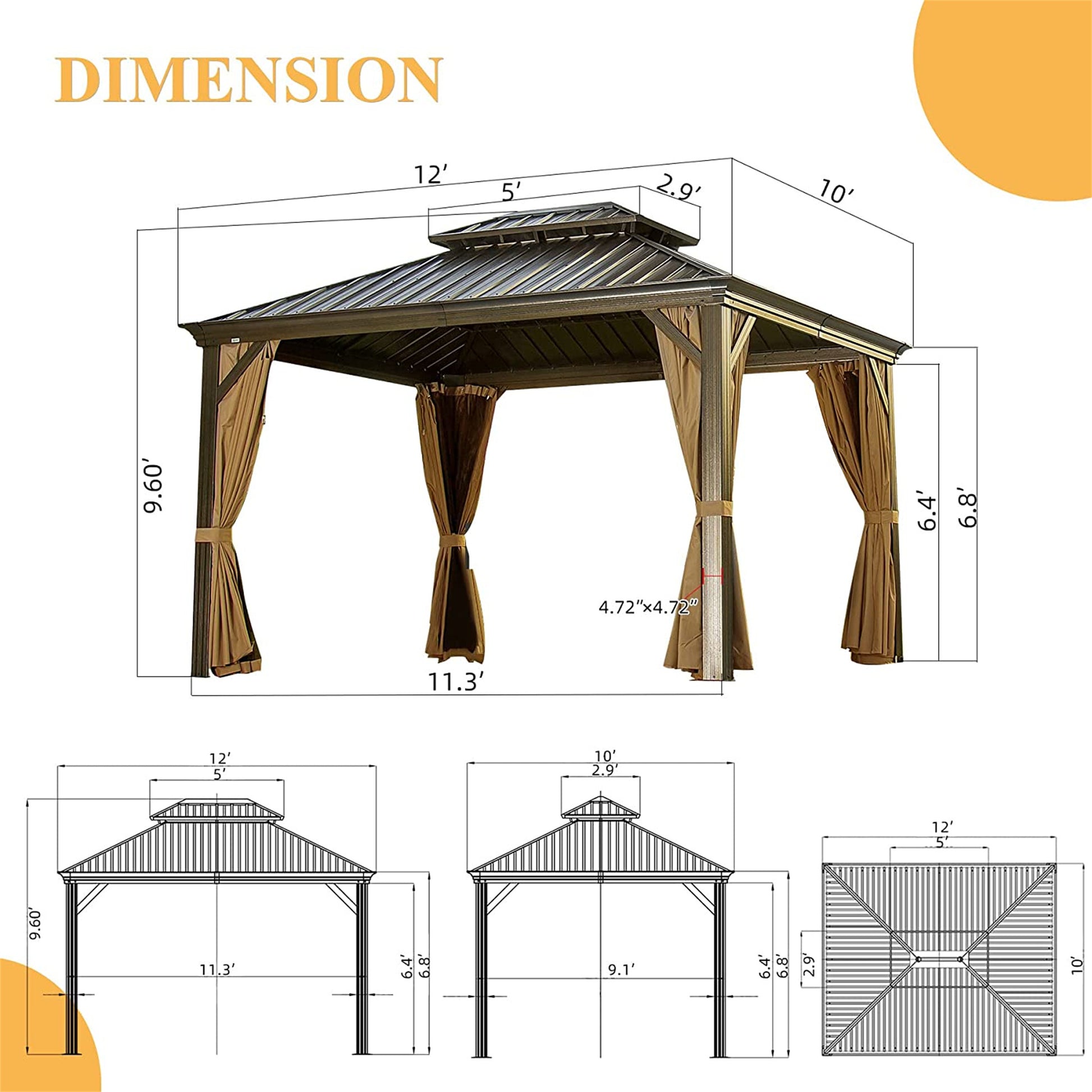 Hardtop Gazebo Outdoor Aluminum Gazebos Grill With Galvanized Steel Double Canopy For Patios Deck Backyard,Curtains&Netting Brown Aluminium