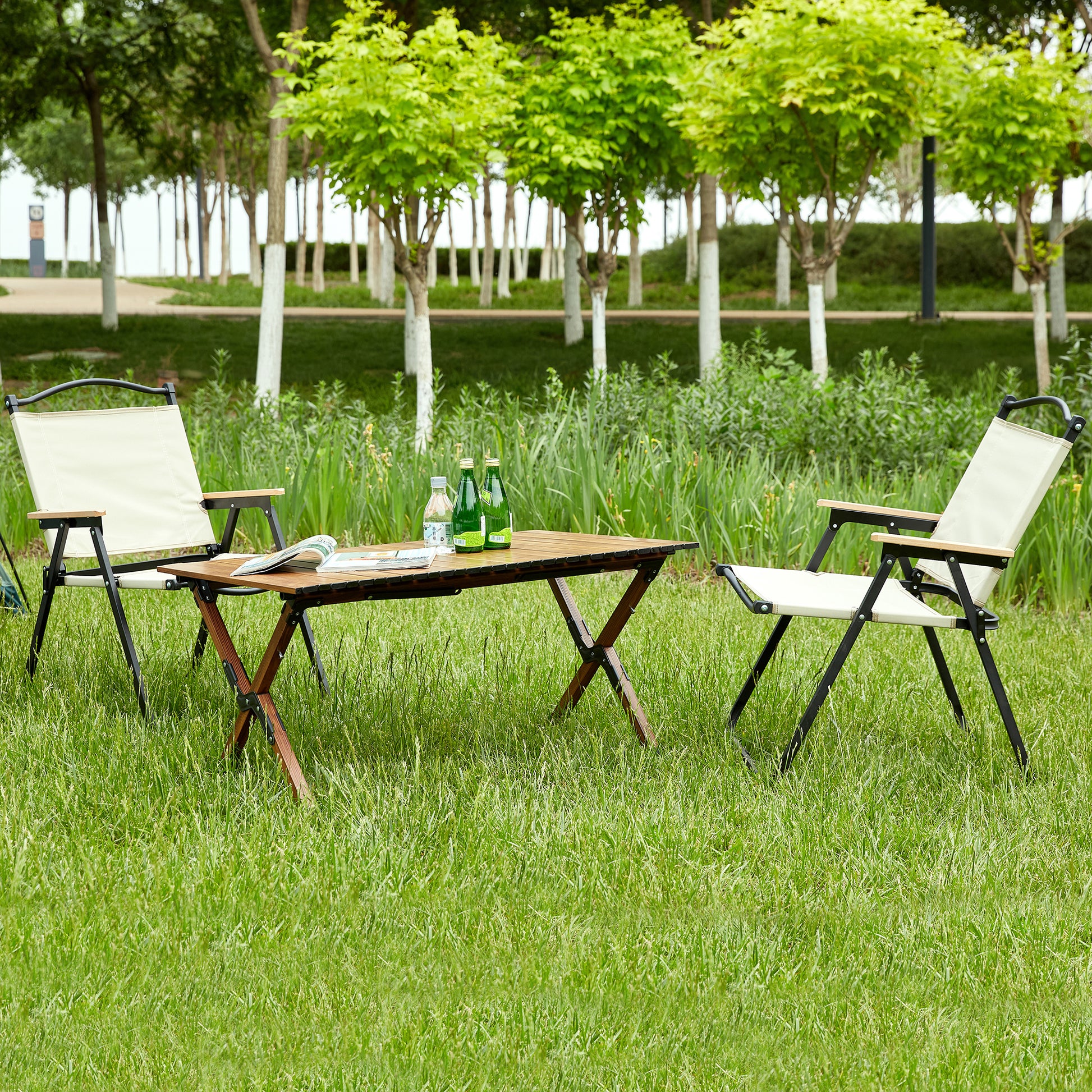 3 Piece Folding Outdoor Table And Two Chairs,Lightweight Aluminum Roll Up Square For Indoor, Outdoor Camping, Picnics, Beach,Backyard, Bbq, Party, Patio, Brown Beige Brown Beige Garden & Outdoor Modern Aluminum