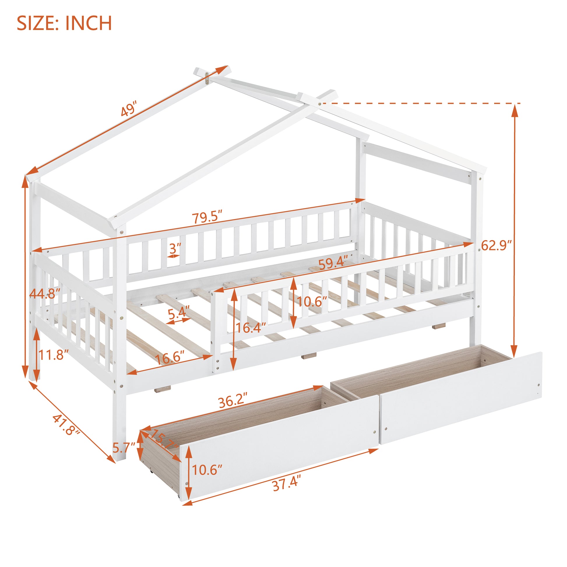 Twin Size Wooden House Bed With Two Drawers, White Box Spring Not Required Twin White Wood White Bedroom Pine Bed Frame Wood