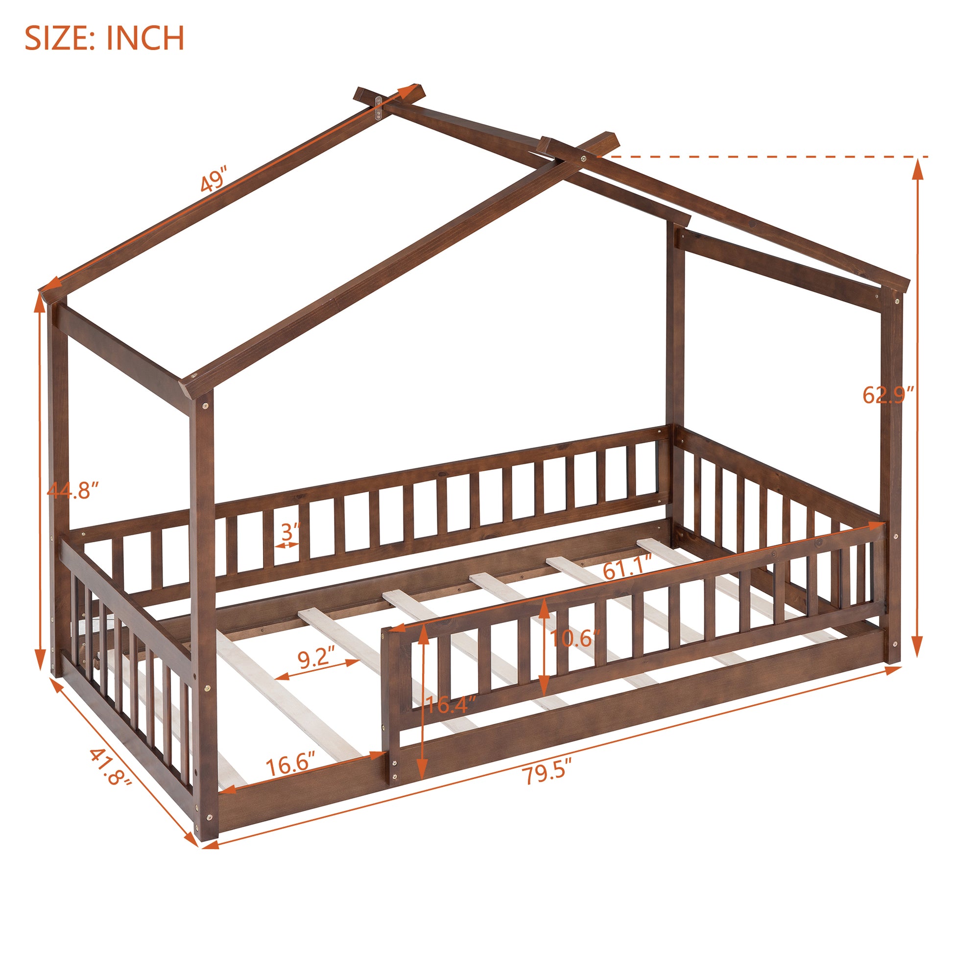 Twin Size Wood Bed House Bed Frame With Fence, For Kids, Teens, Girls, Boys, Walnut Box Spring Not Required Twin Walnut Wood Pine Bed Frame Wood