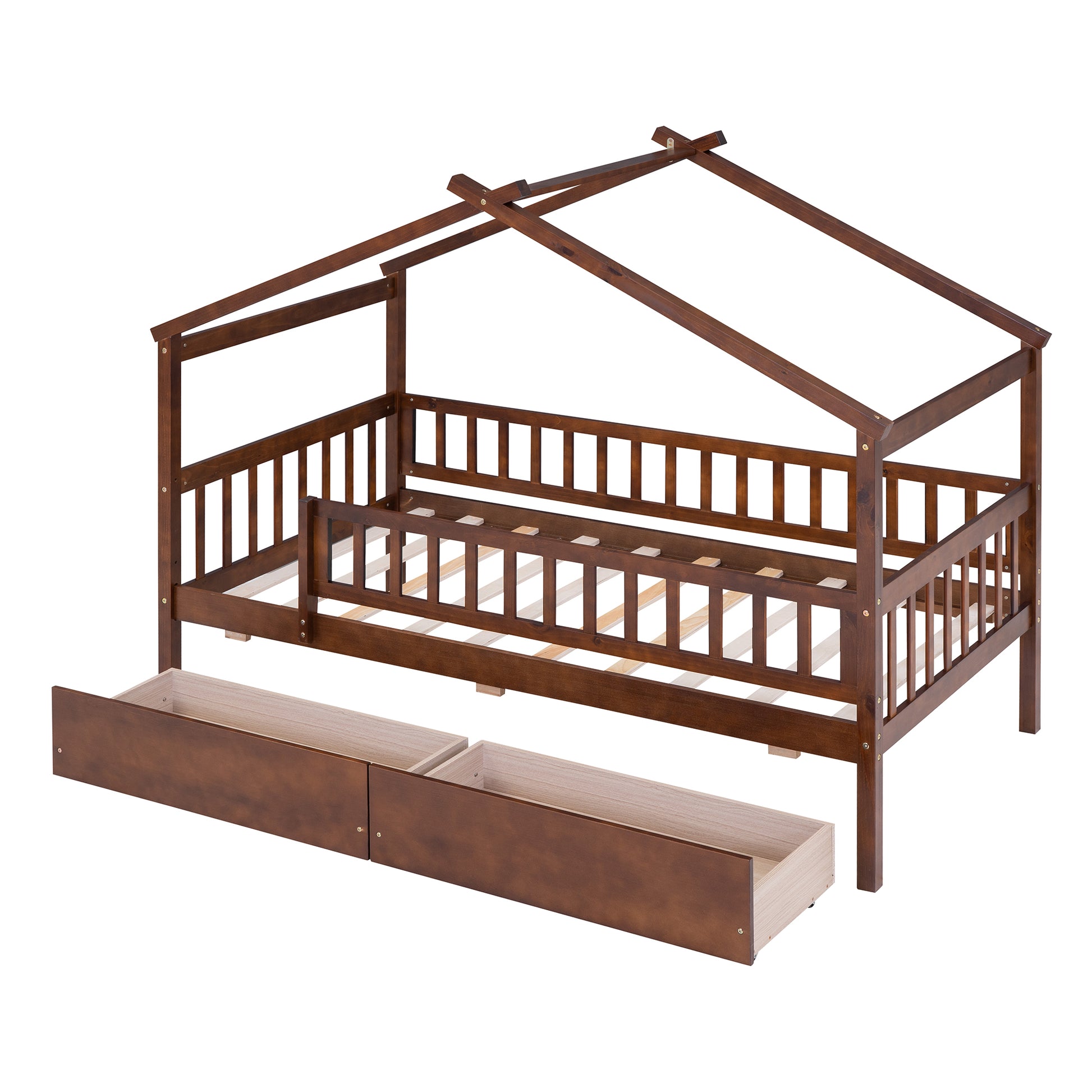 Twin Size Wooden House Bed With Two Drawers, Walnut Box Spring Not Required Twin Walnut Wood Bedroom Pine Bed Frame Wood