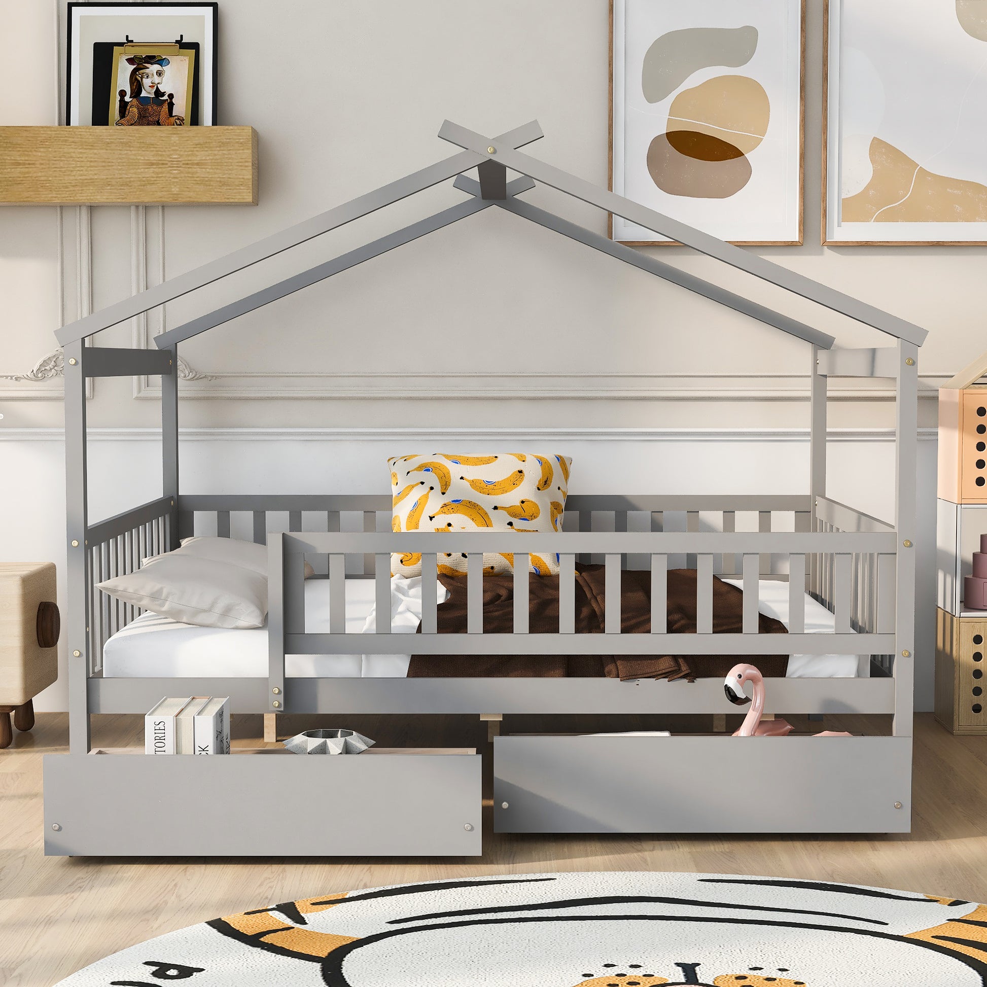 Full Size Wooden House Bed With Two Drawers,Gray Box Spring Not Required Full Gray Wood Gray Bedroom Pine Bed Frame Wood